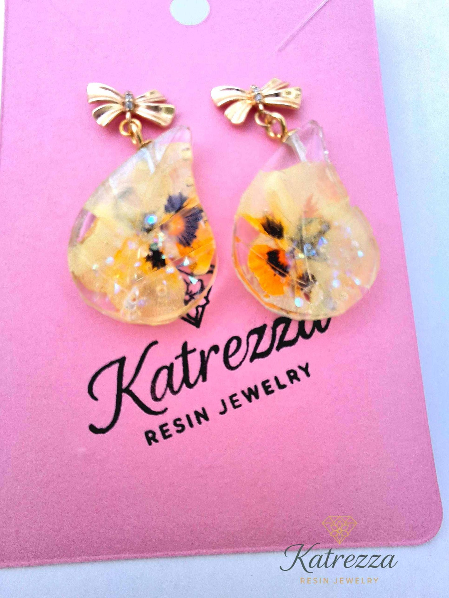 Handmade Yellow Floral Resin Earrings with Gold Bow Studs – Katrezza