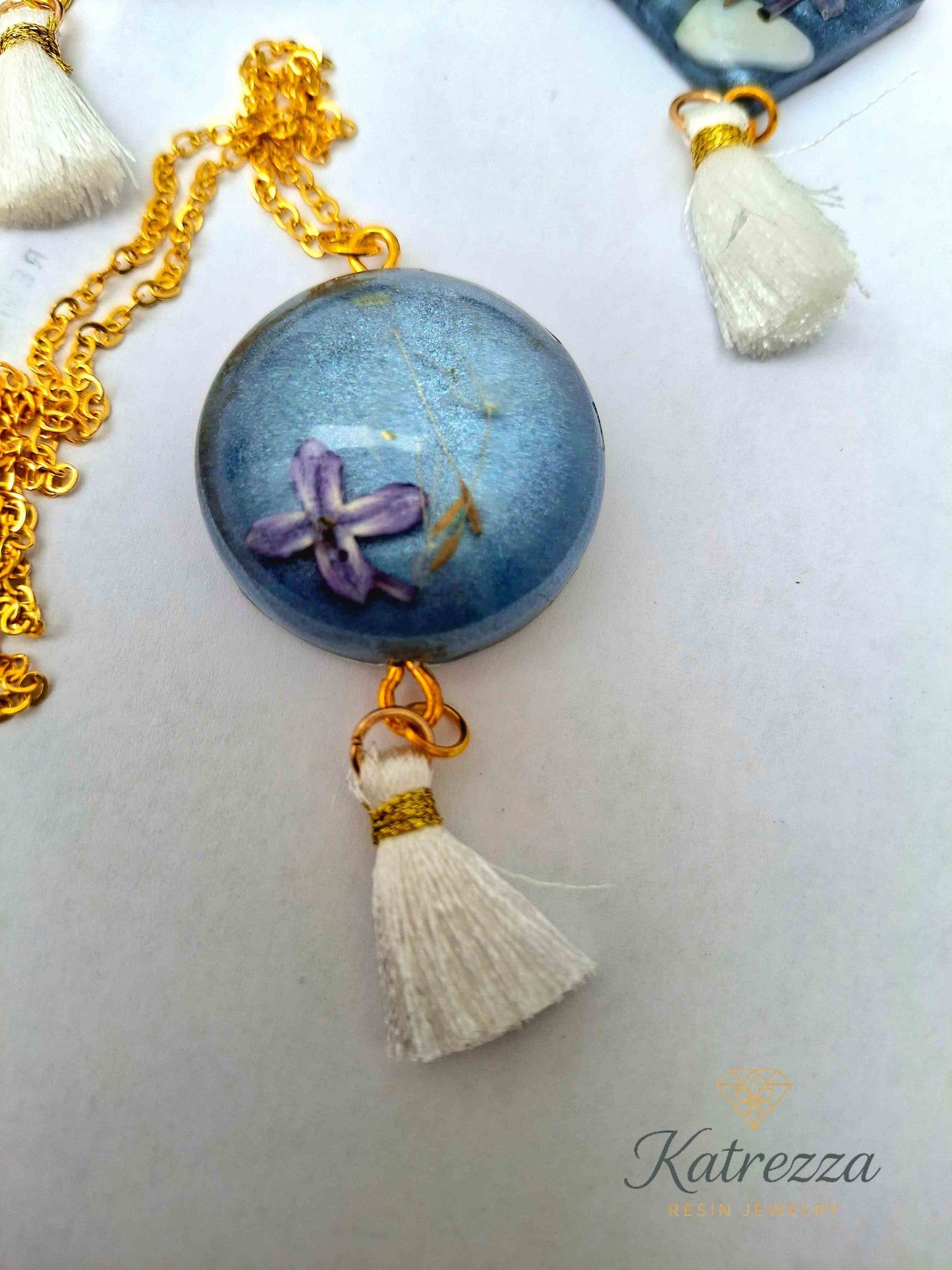 Handmade Resin Jewelry Set – Real Flower & Dandelion Earrings with Shell + Blue Pendant Necklace | Katrezza