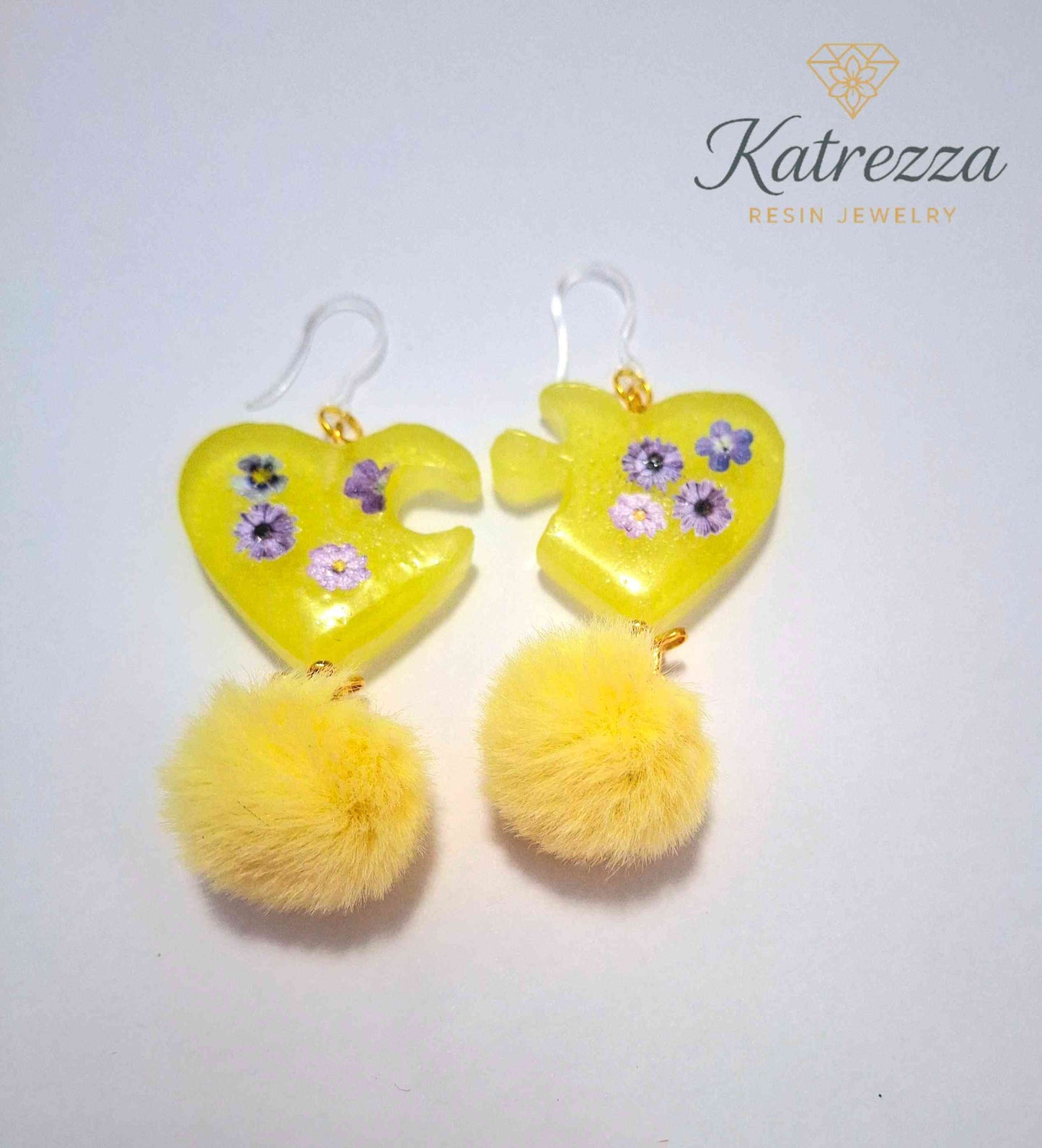 Yellow Heart Resin Earrings with Real Flowers & Fluffy Pom-Poms – Handmade by Katrezza