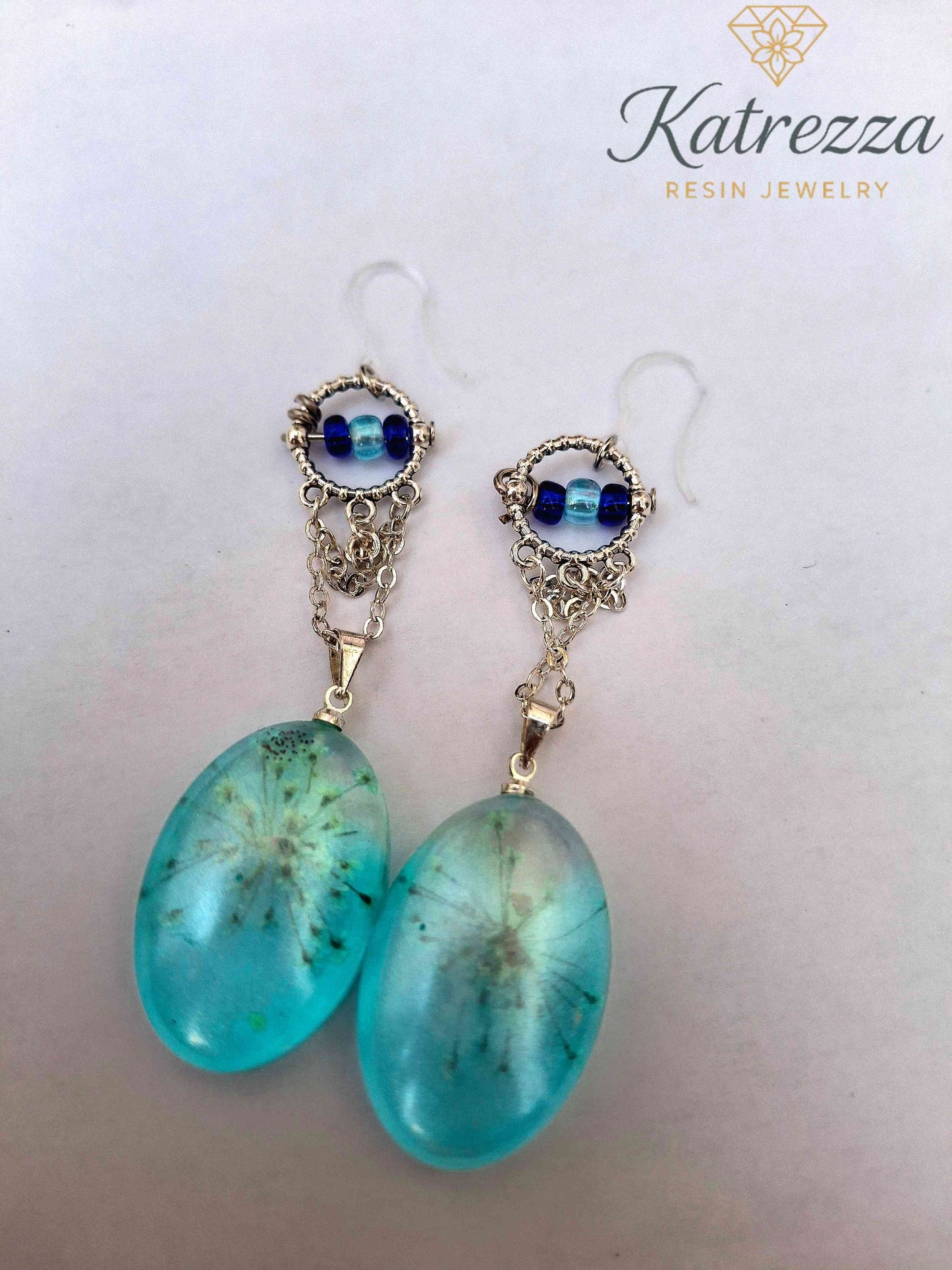 Turquoise Resin Dangle Earrings with Real Flowers – 7.5 cm Handmade Jewelry | Katrezza