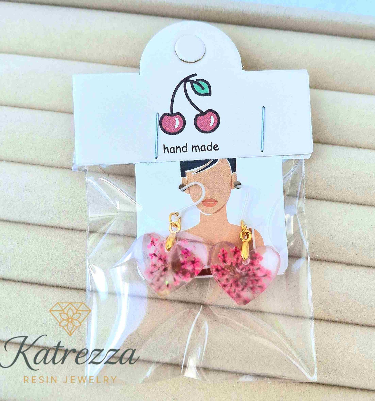 Tiny pink resin earrings in handmade gift packaging – Katrezza