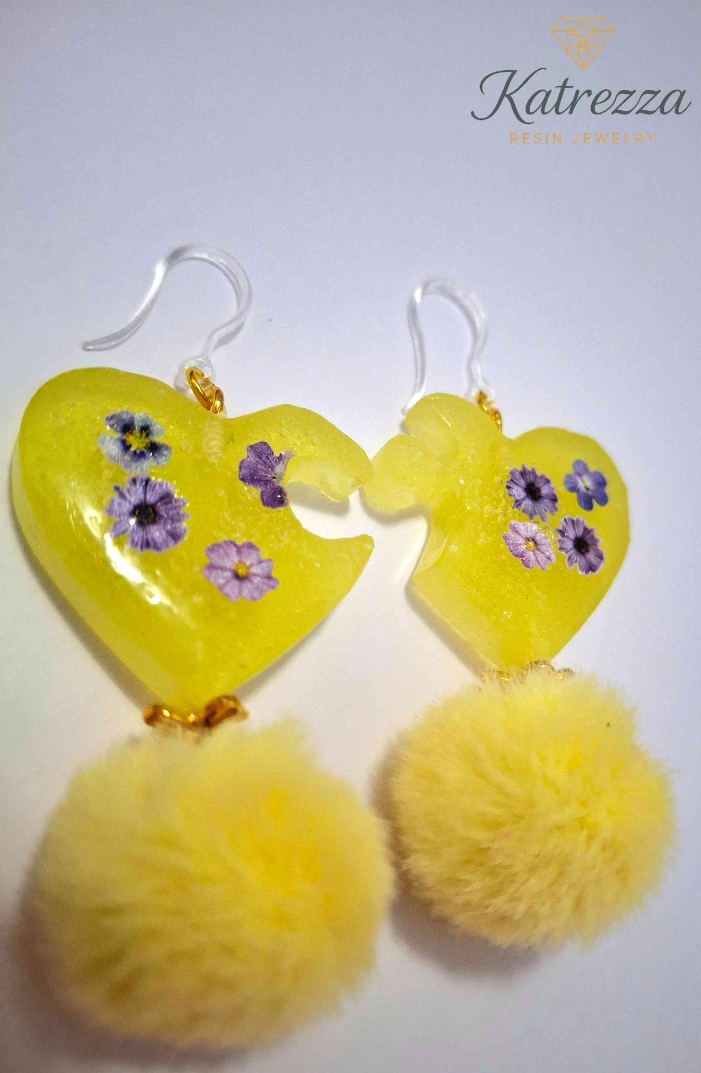 Yellow Heart Resin Earrings with Real Flowers & Fluffy Pom-Poms – Handmade by Katrezza