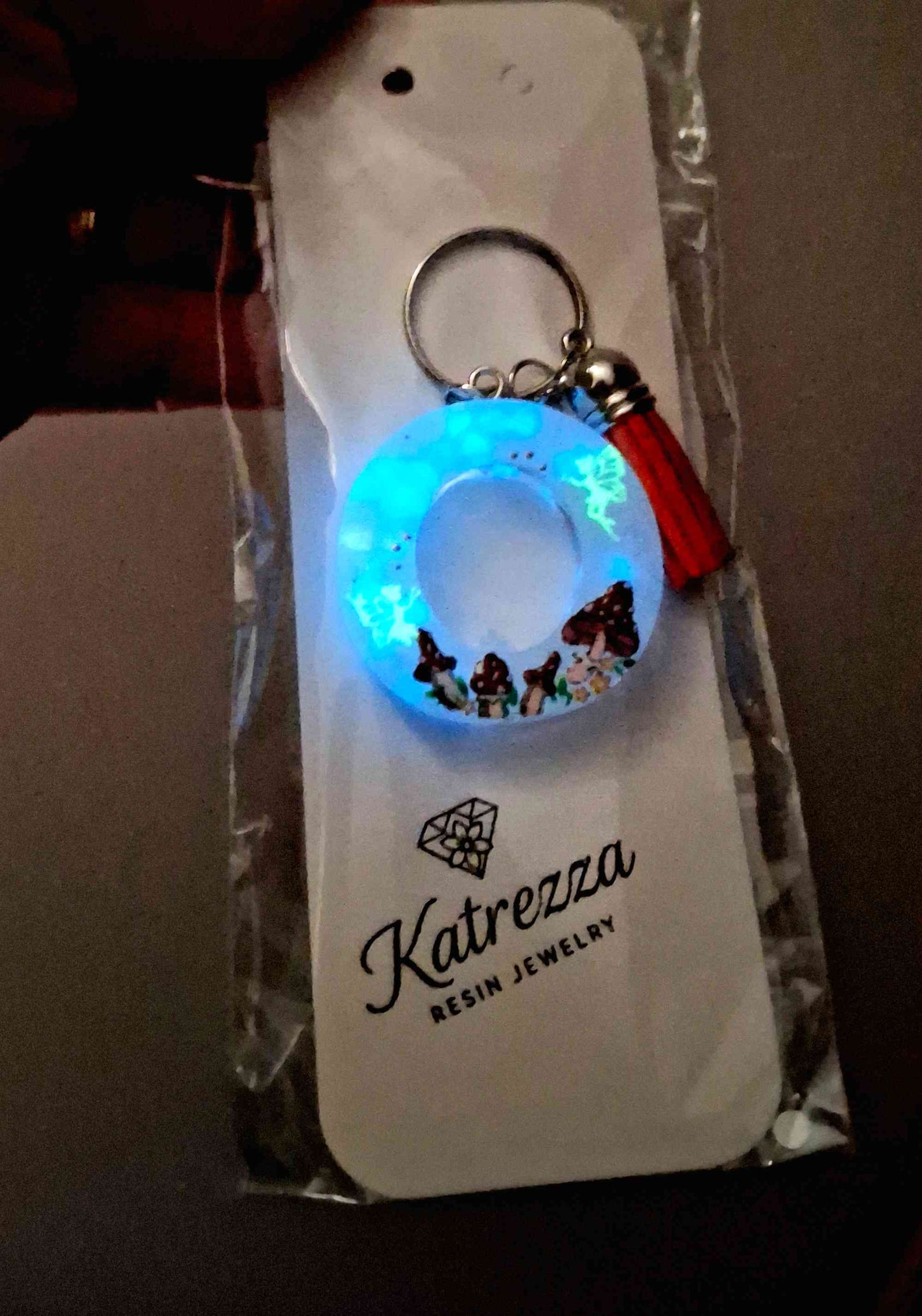 Handmade resin letter O keychain with whimsical mushroom details