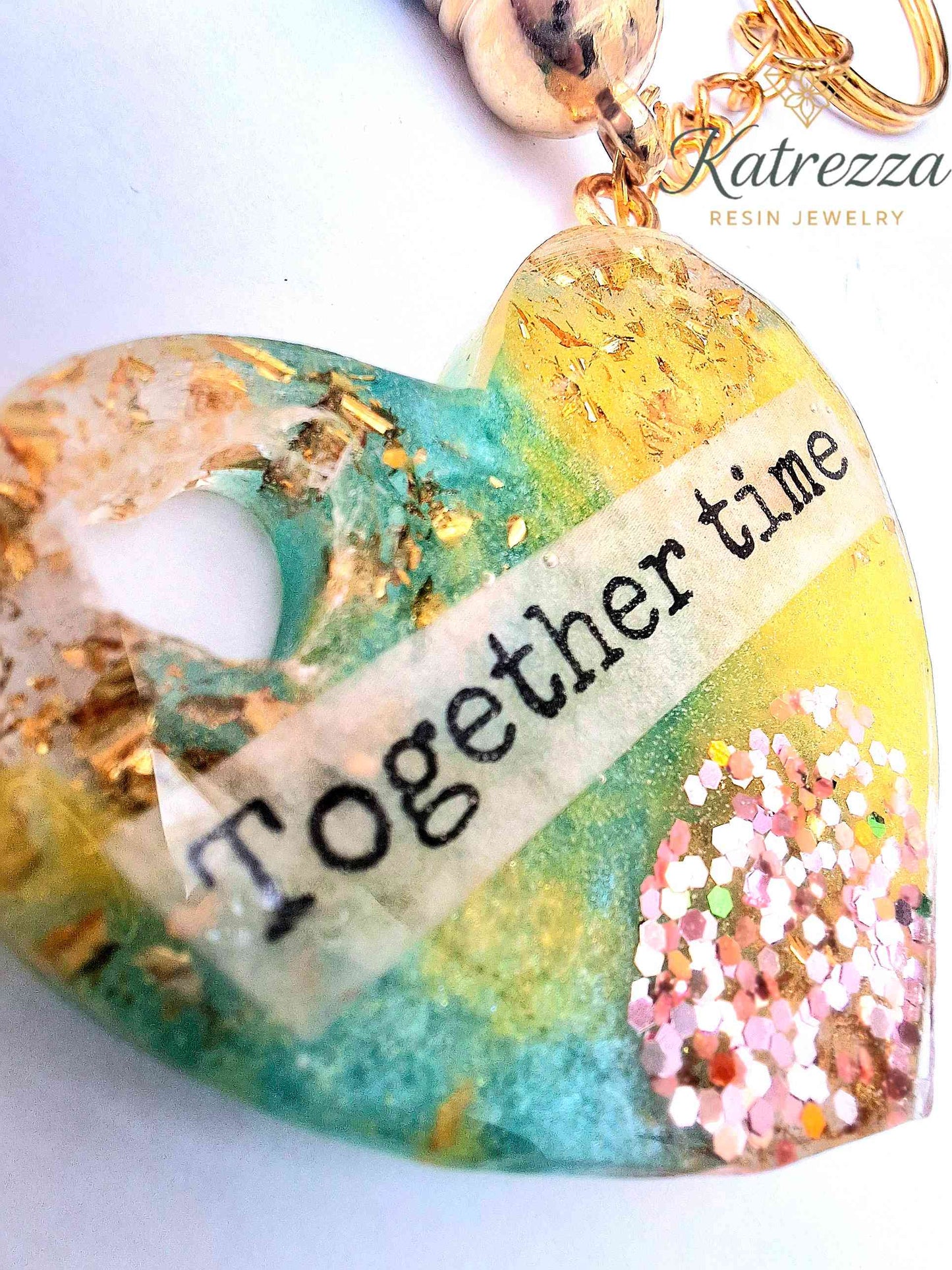 Handmade Heart Resin Keychain – "Together Time" Quote, Glitter & Gold Flakes, Tassel Charm