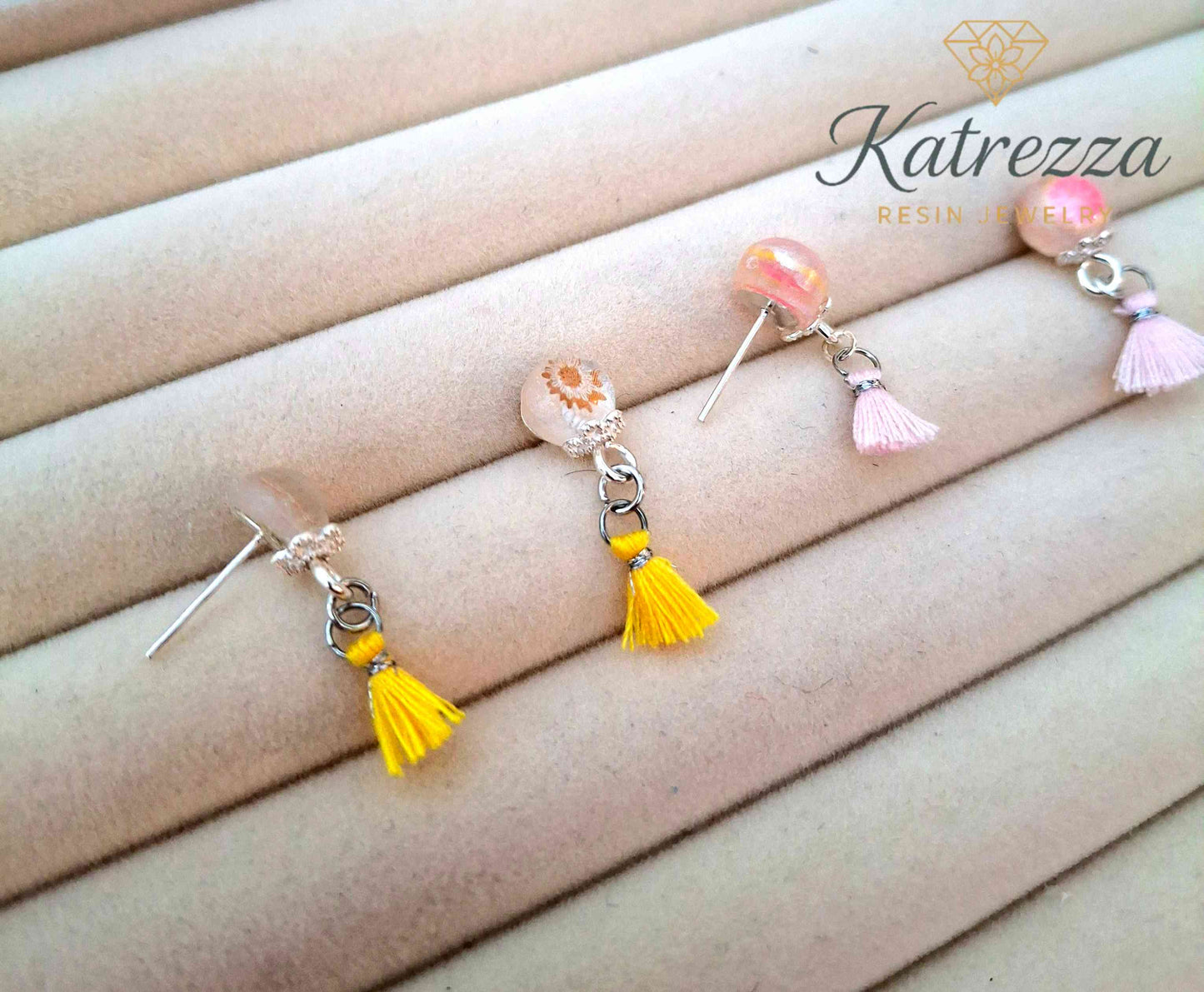 Mini Resin Stud Earrings with Tassel | 2 Styles Handmade Jewelry