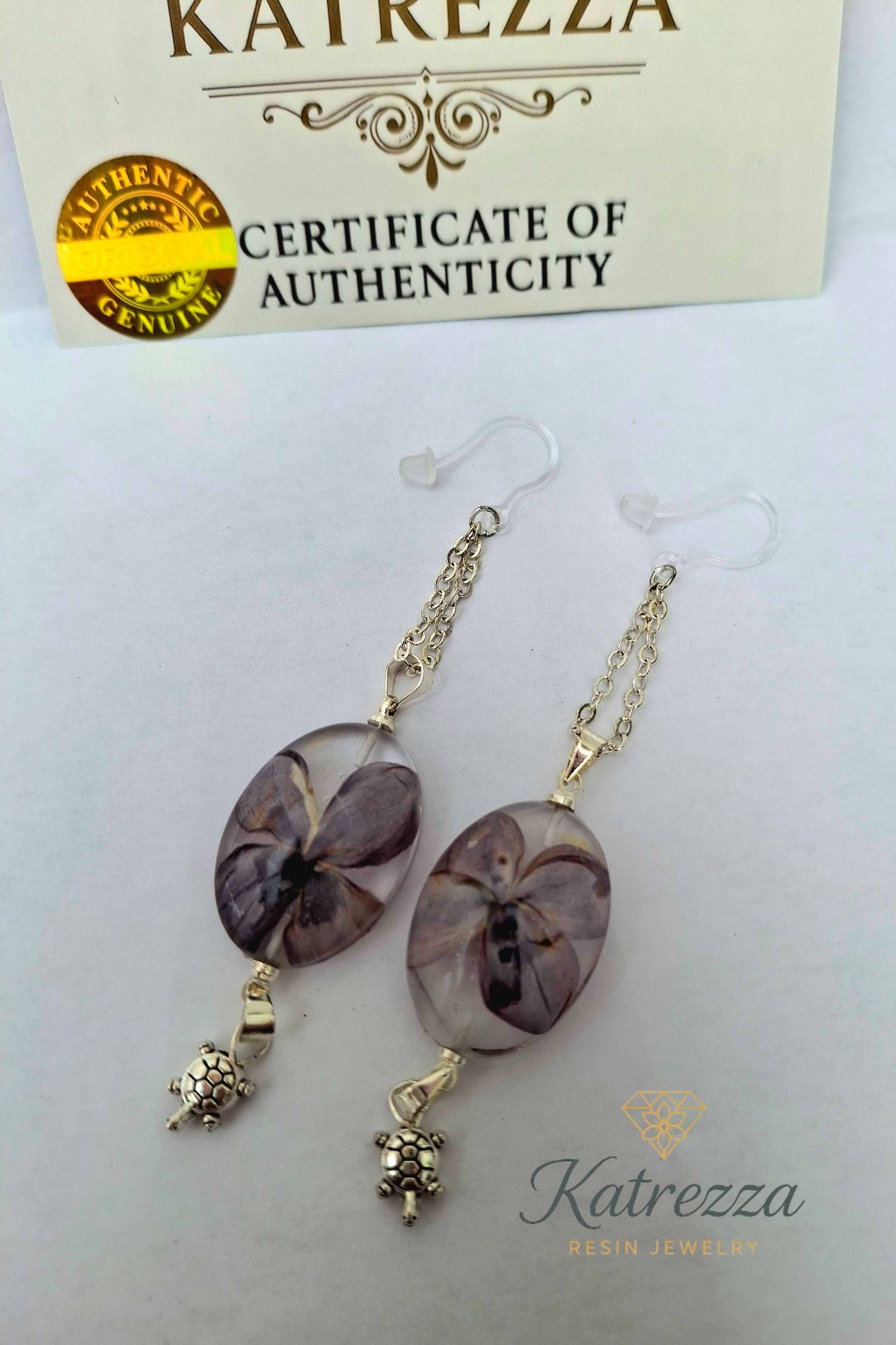 Handmade Resin Flower Earrings with Silver Turtle Charm – Katrezza