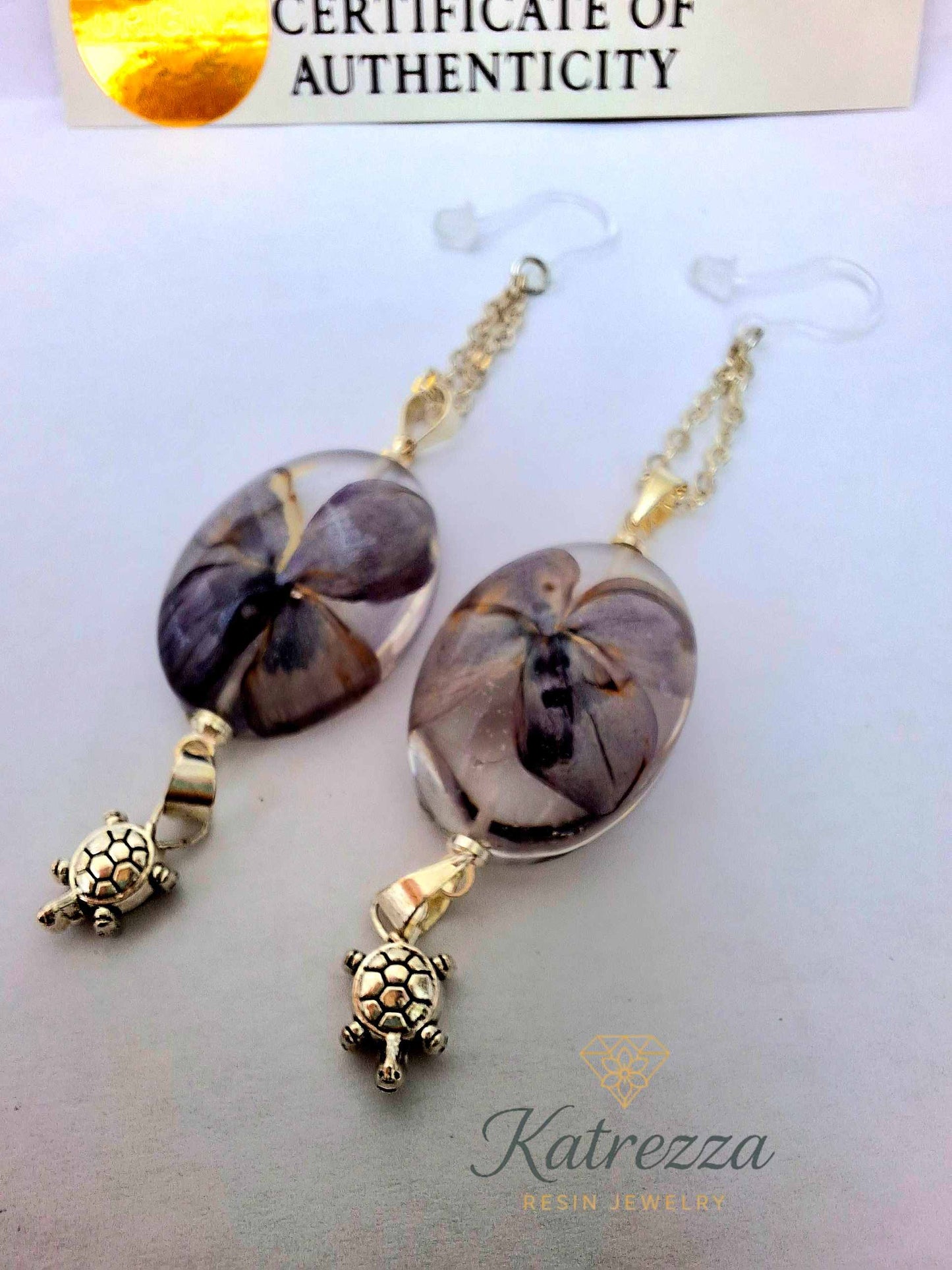 Handmade Resin Flower Earrings with Silver Turtle Charm – Katrezza