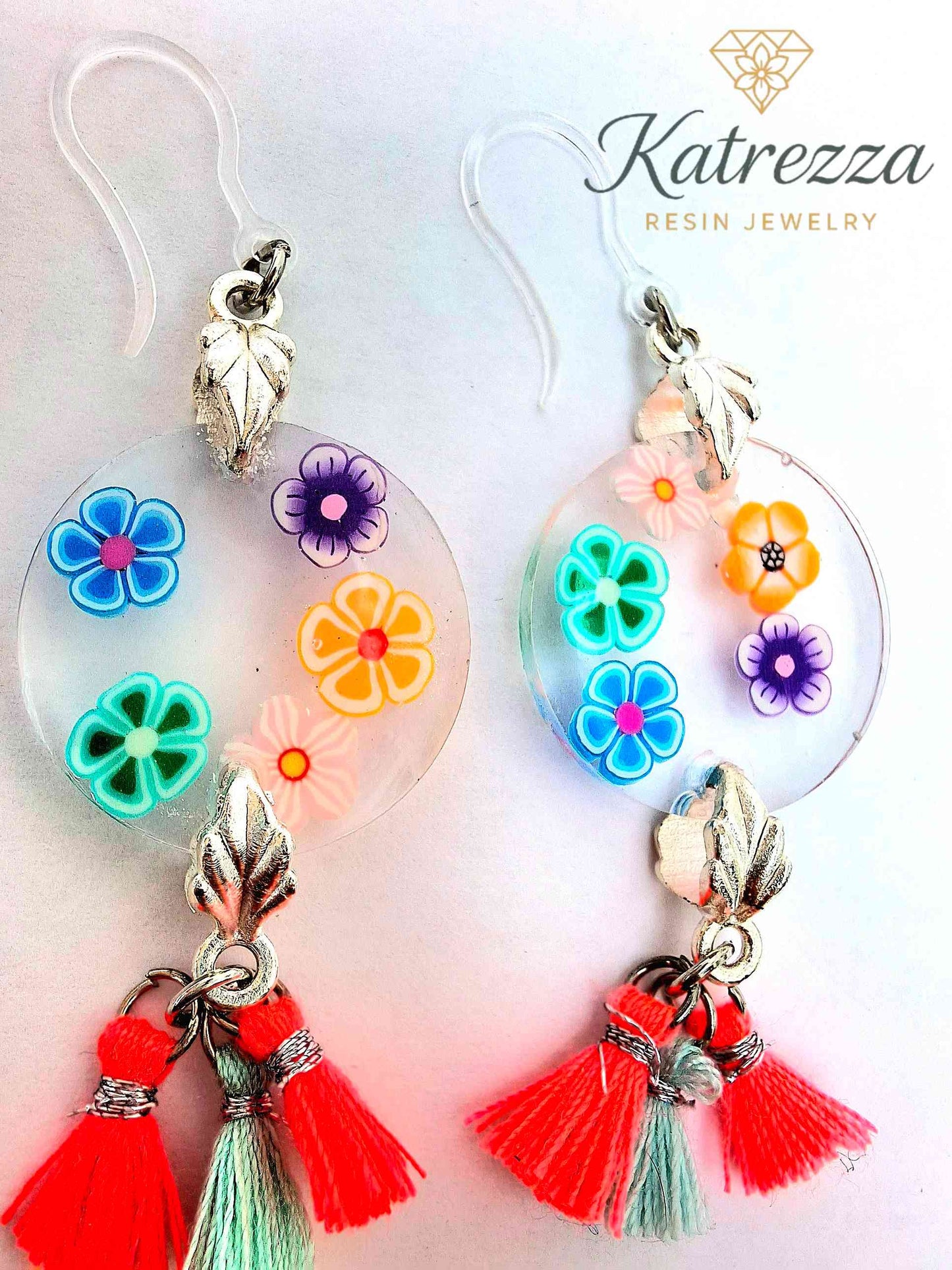 Handmade Resin Flower Earrings – Colorful Floral Dangle with Tassels, Boho Jewelry