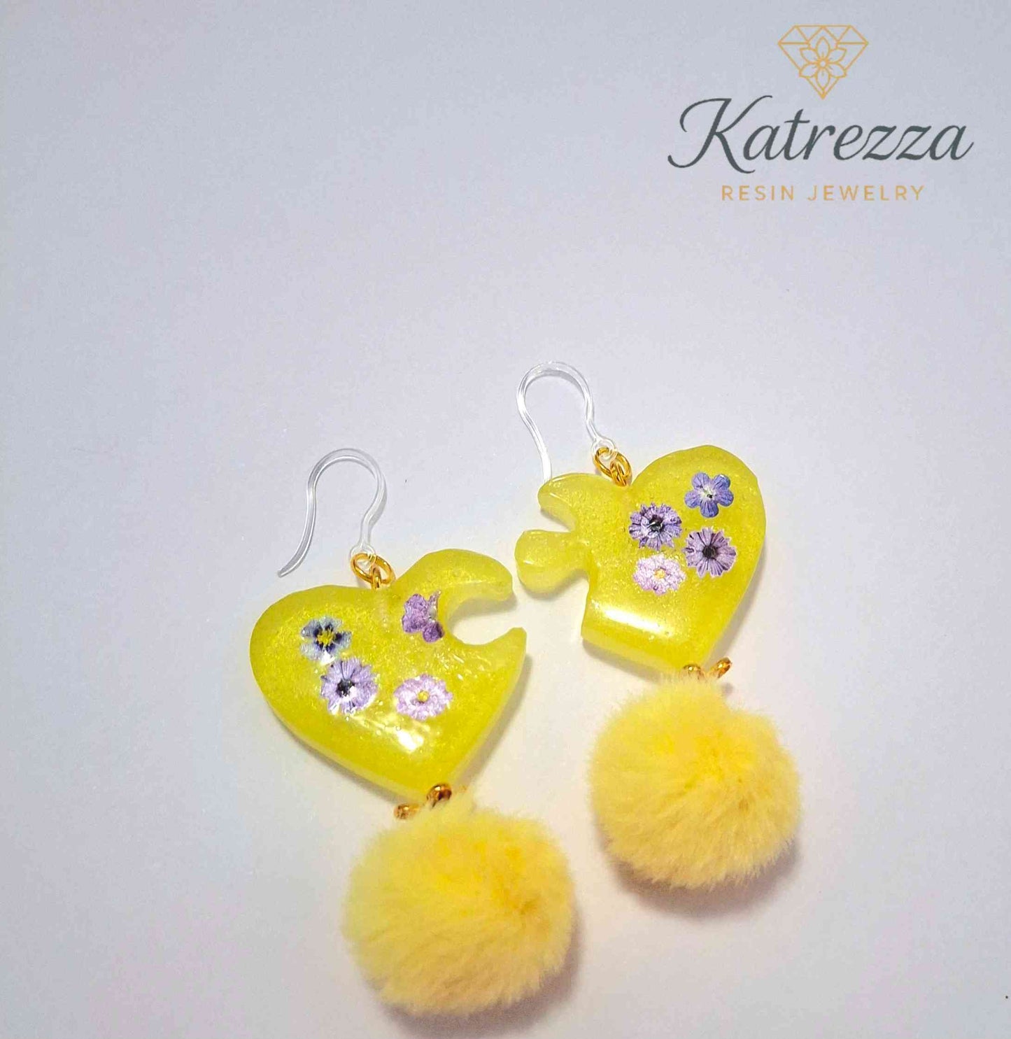 Yellow Heart Resin Earrings with Real Flowers & Fluffy Pom-Poms – Handmade by Katrezza