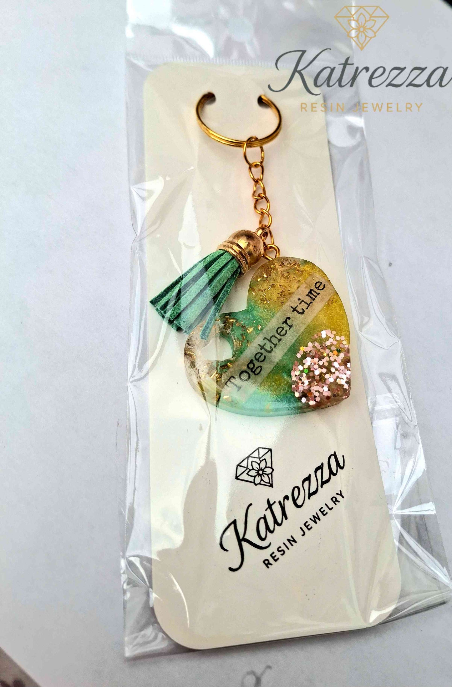 Handmade Heart Resin Keychain – "Together Time" Quote, Glitter & Gold Flakes, Tassel Charm