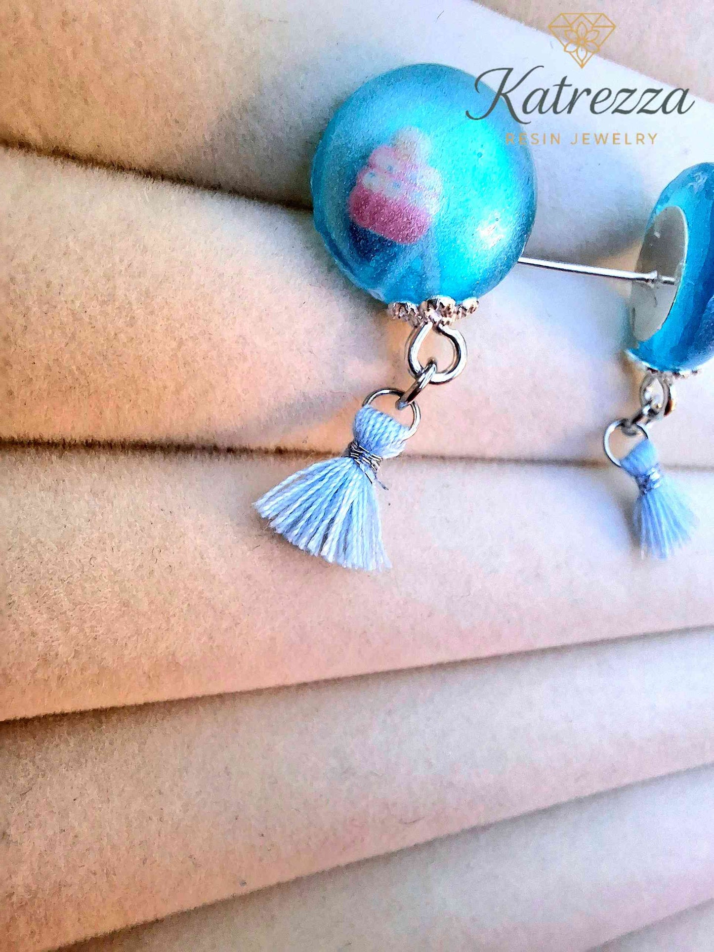 Blue Resin Stud Earrings with Tassel | Cute Handmade Jewelry