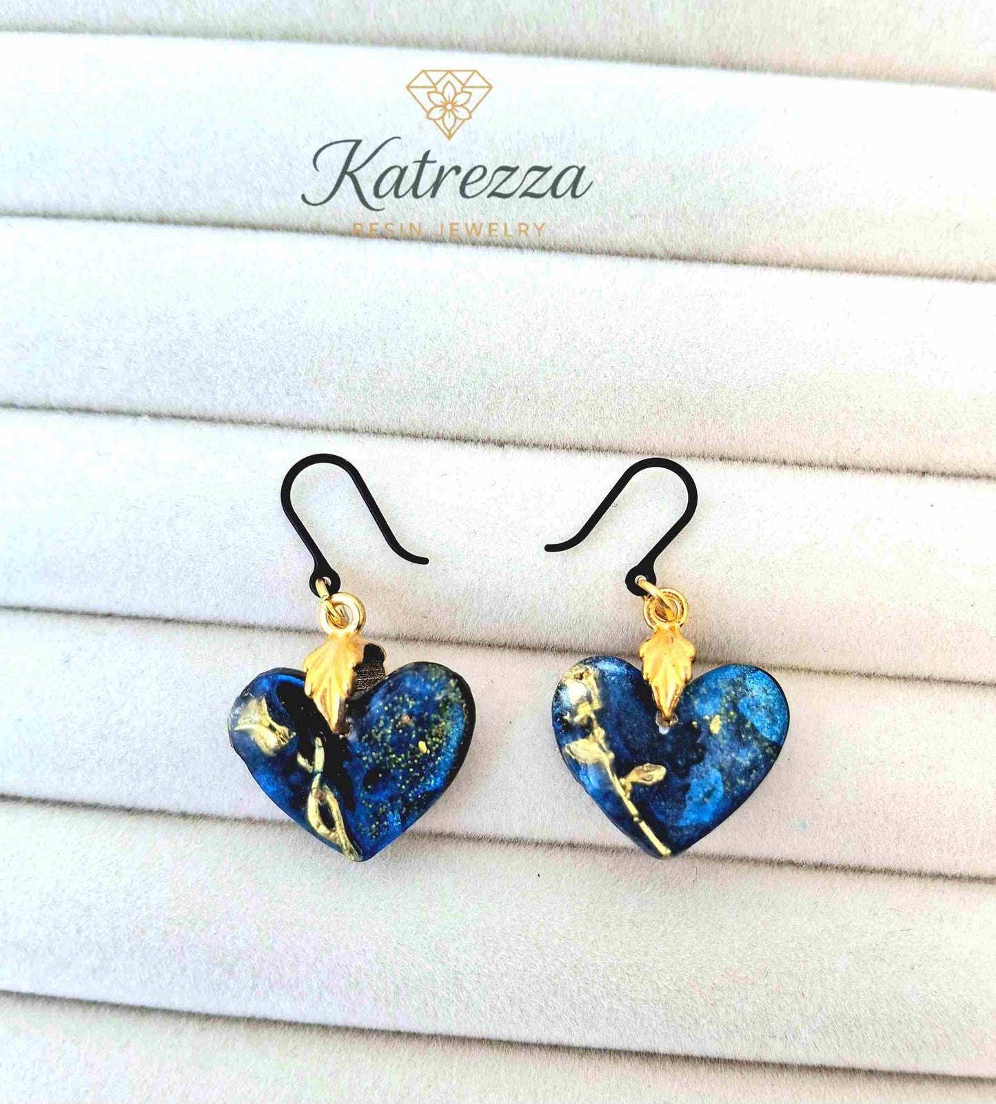 "Handmade blue resin heart earrings with golden rose and safe silicone hooks for kids – Katrezza Jewelry"