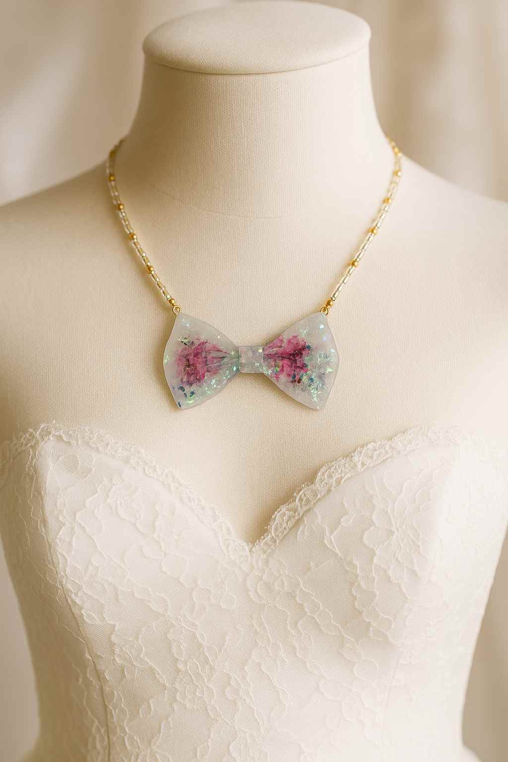 Bride wearing floral resin necklace