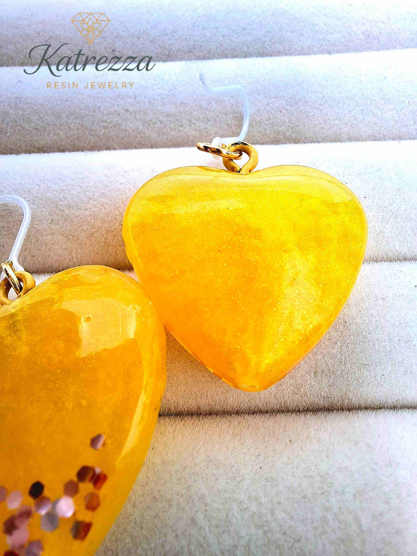 Golden glow heart resin earrings with safe silicone hooks