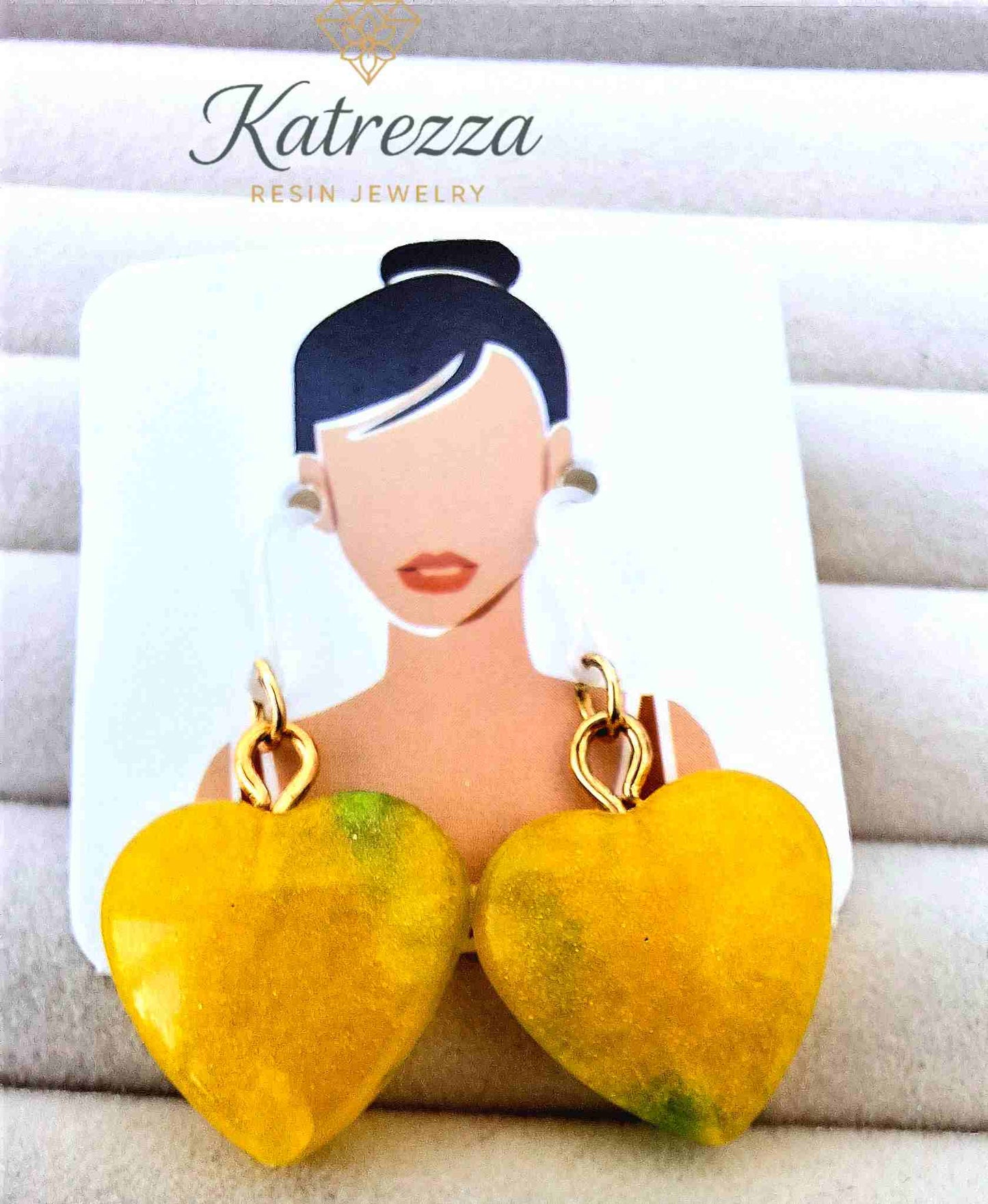 "Yellow resin heart earrings on display card, 3cm long with silicone hypoallergenic hooks – Katrezza Jewelry"