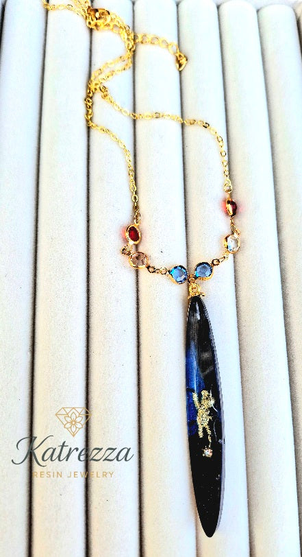 Bear Hugs & Blue Skies – Golden Teddy Resin Necklace