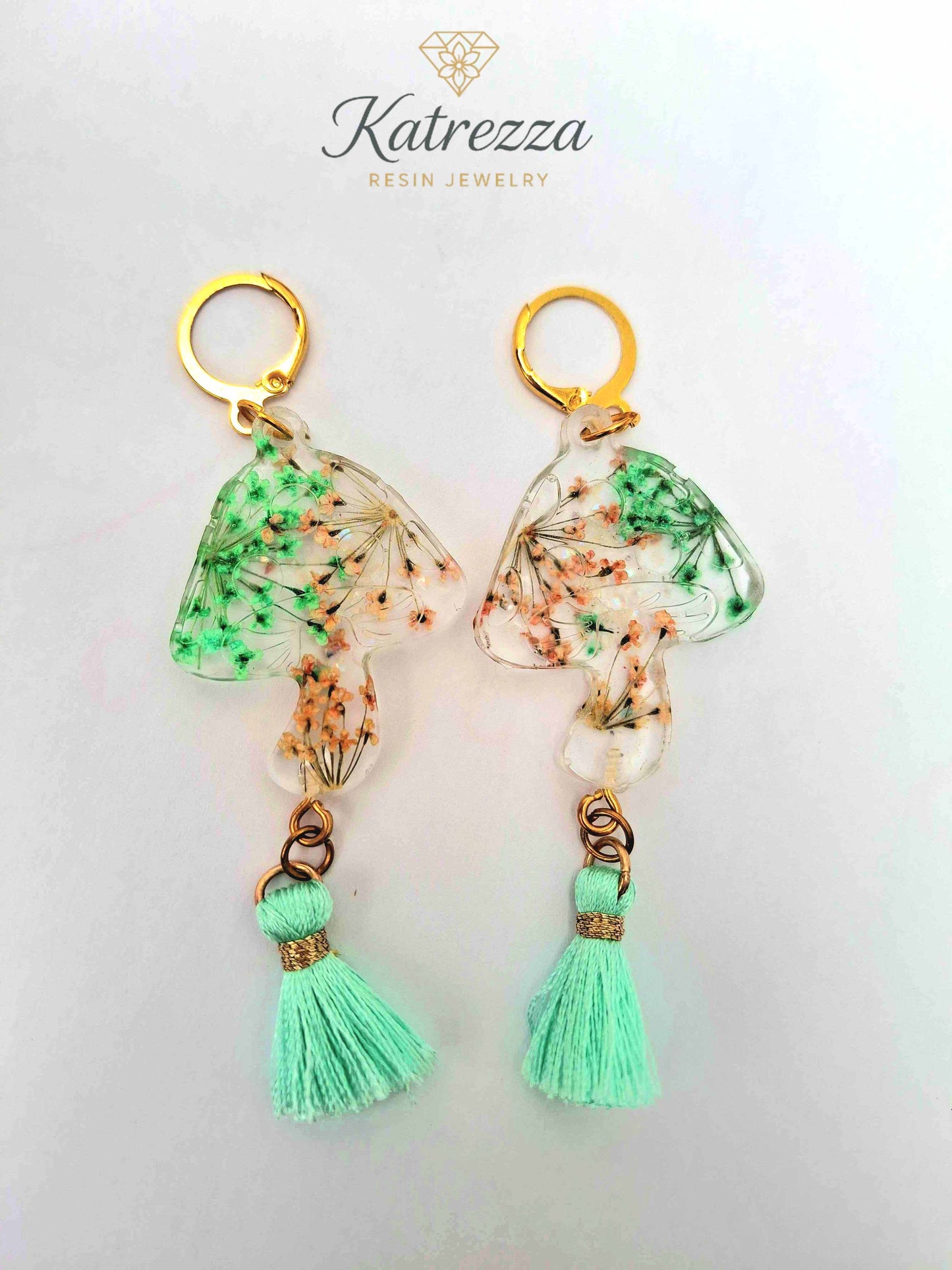 Handmade Resin Mushroom Earrings with Real Flowers & Tassel – Katrezza