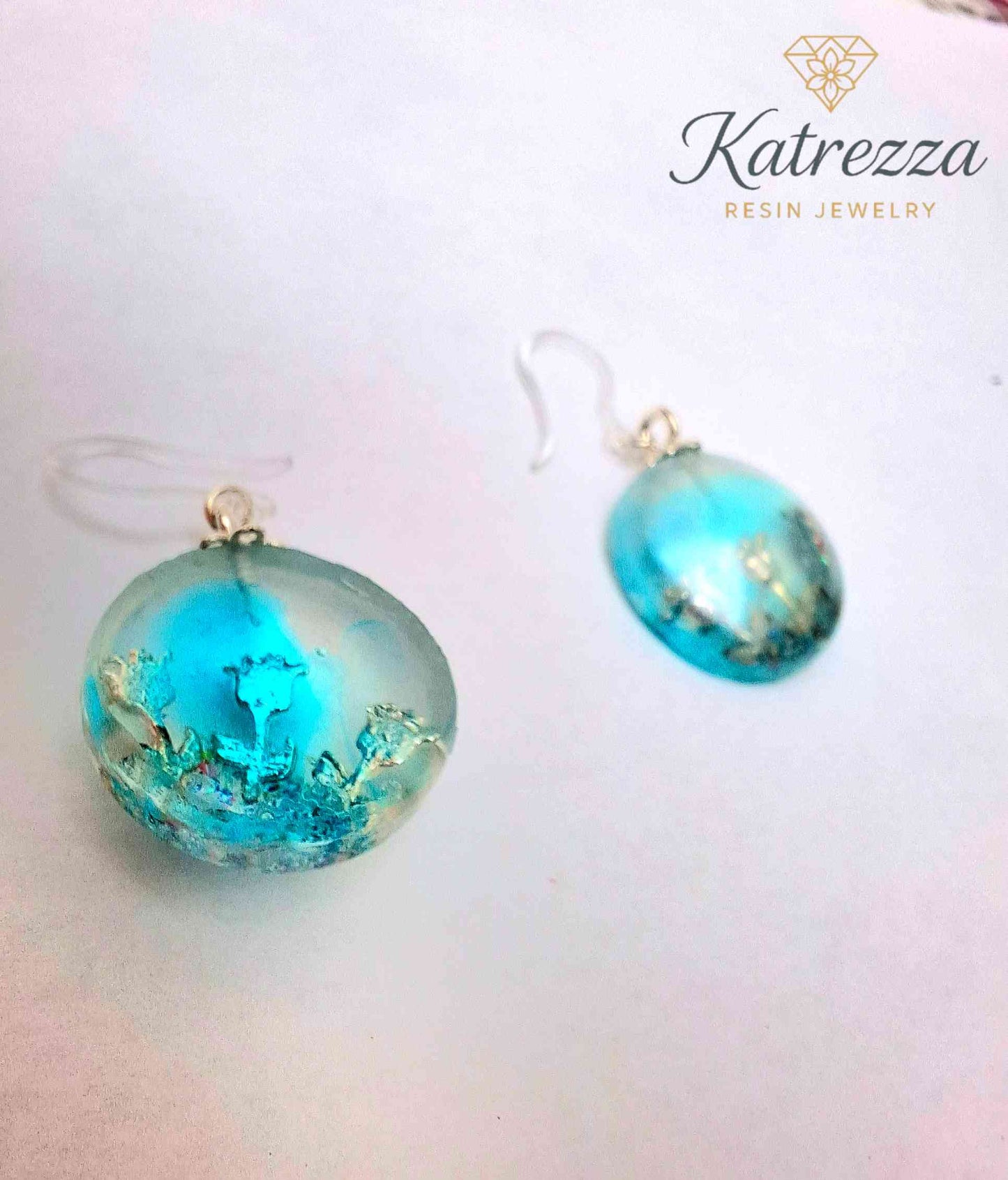 Blue Globe Resin Earrings with Silver Rose Charm – Handmade by Katrezza