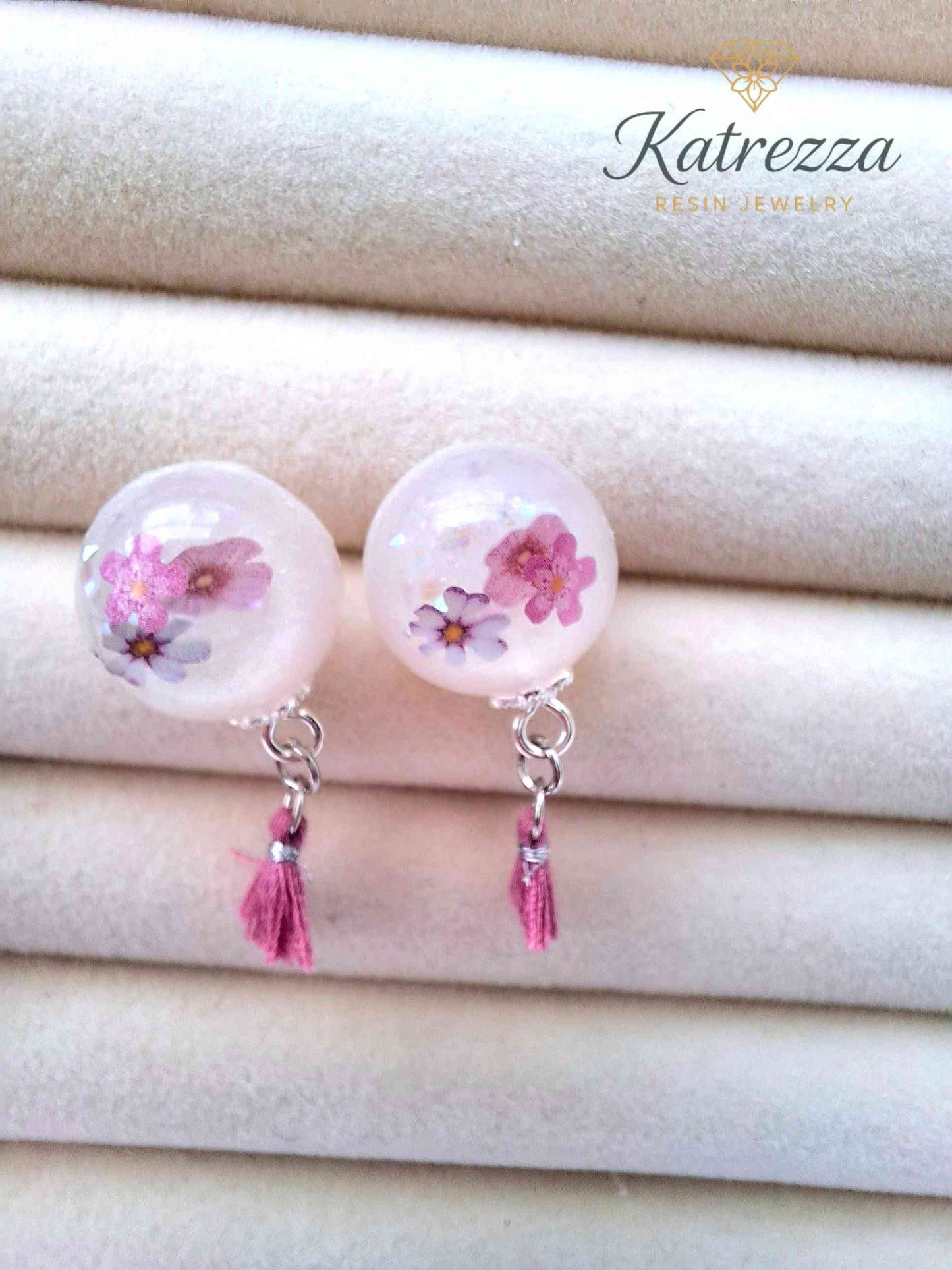 Round Pearly Resin Stud Earrings with Tassel | Floral & Fruit Variants