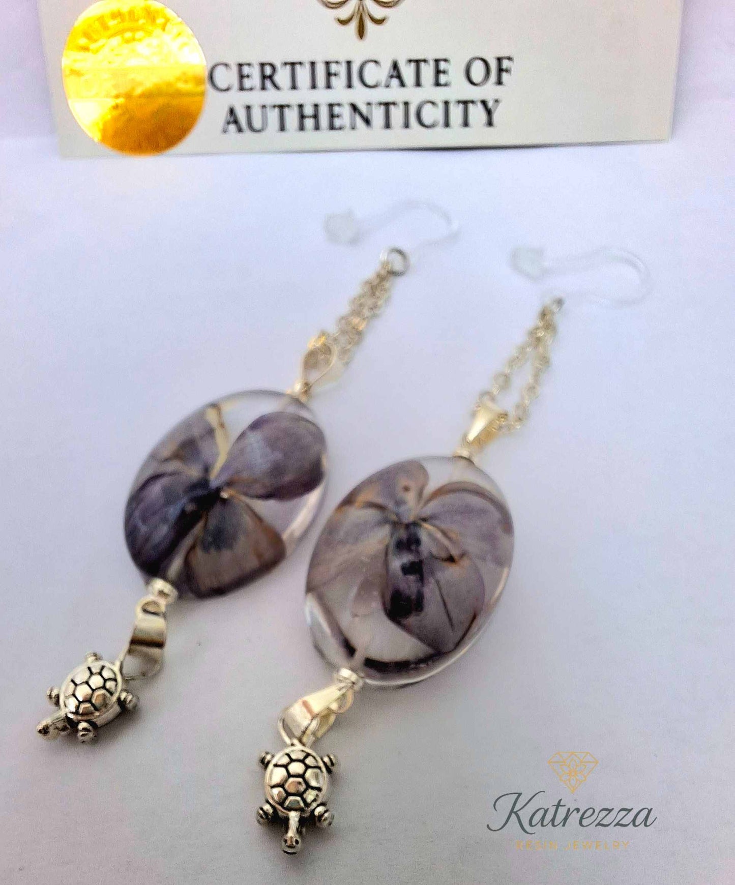 Handmade Resin Flower Earrings with Silver Turtle Charm – Katrezza