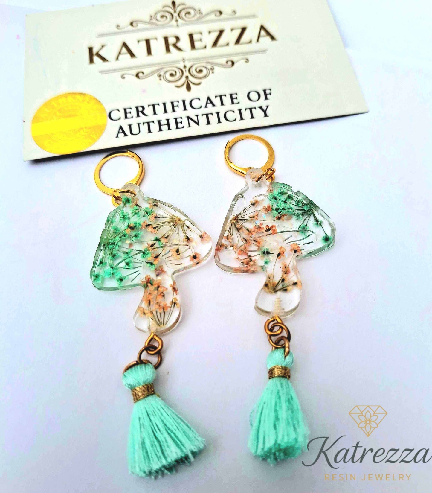 Handmade Resin Mushroom Earrings with Real Flowers & Tassel – Katrezza