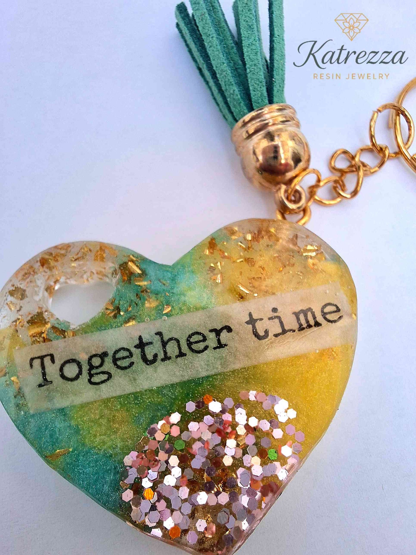Handmade Heart Resin Keychain – "Together Time" Quote, Glitter & Gold Flakes, Tassel Charm