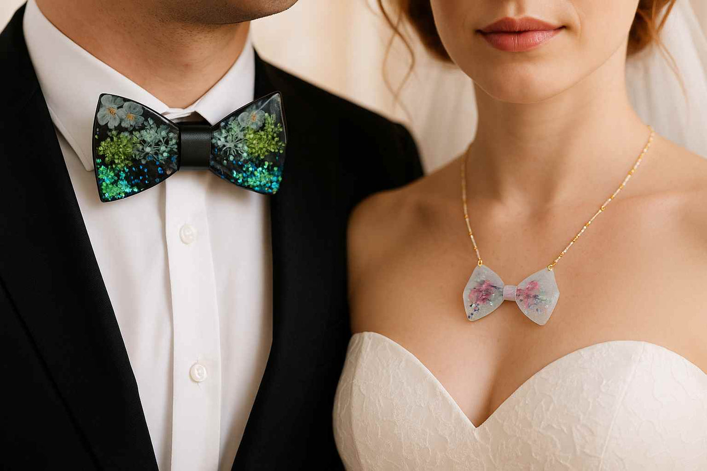 Bride and groom with resin bow tie and necklace