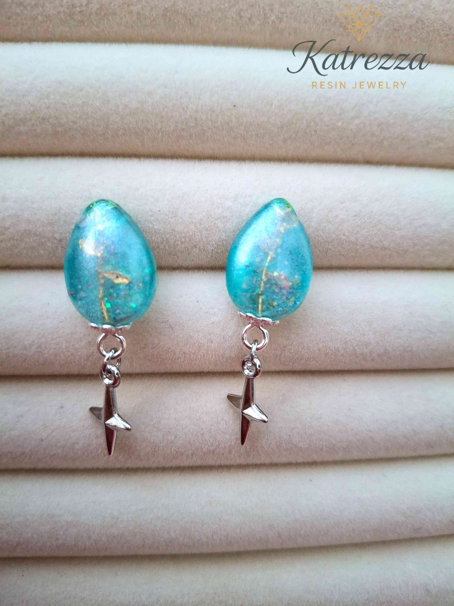 Blue Resin Stud Earrings with Star Charm | Handmade Lightweight Jewelry