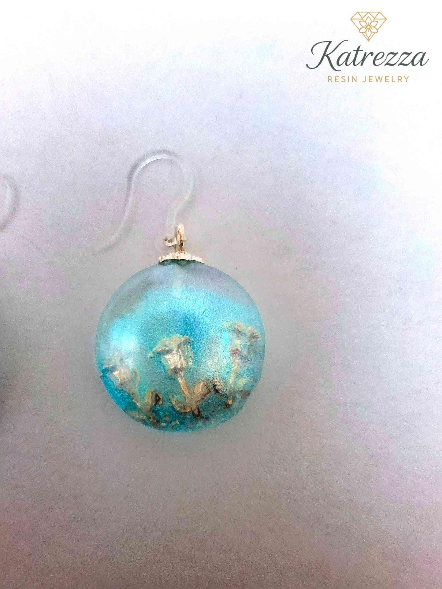 Blue Globe Resin Earrings with Silver Rose Charm – Handmade by Katrezza