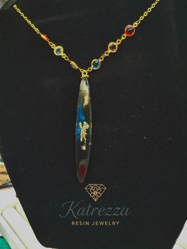 Bear Hugs & Blue Skies – Golden Teddy Resin Necklace