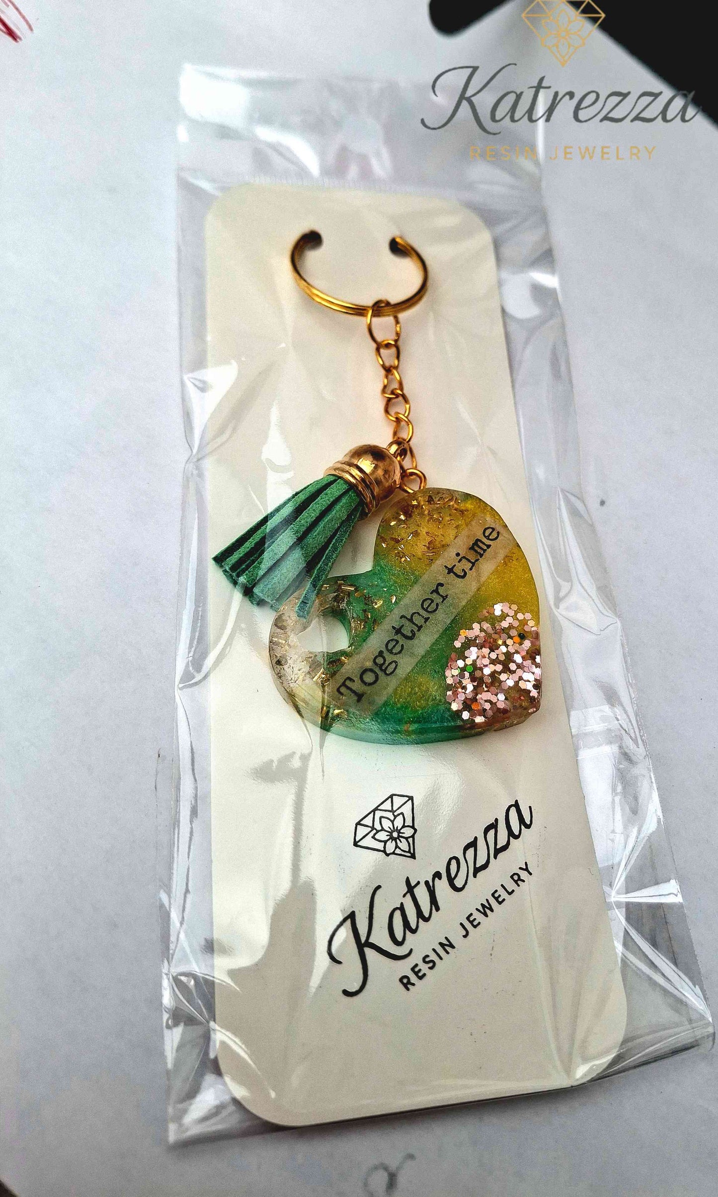 Handmade Heart Resin Keychain – "Together Time" Quote, Glitter & Gold Flakes, Tassel Charm