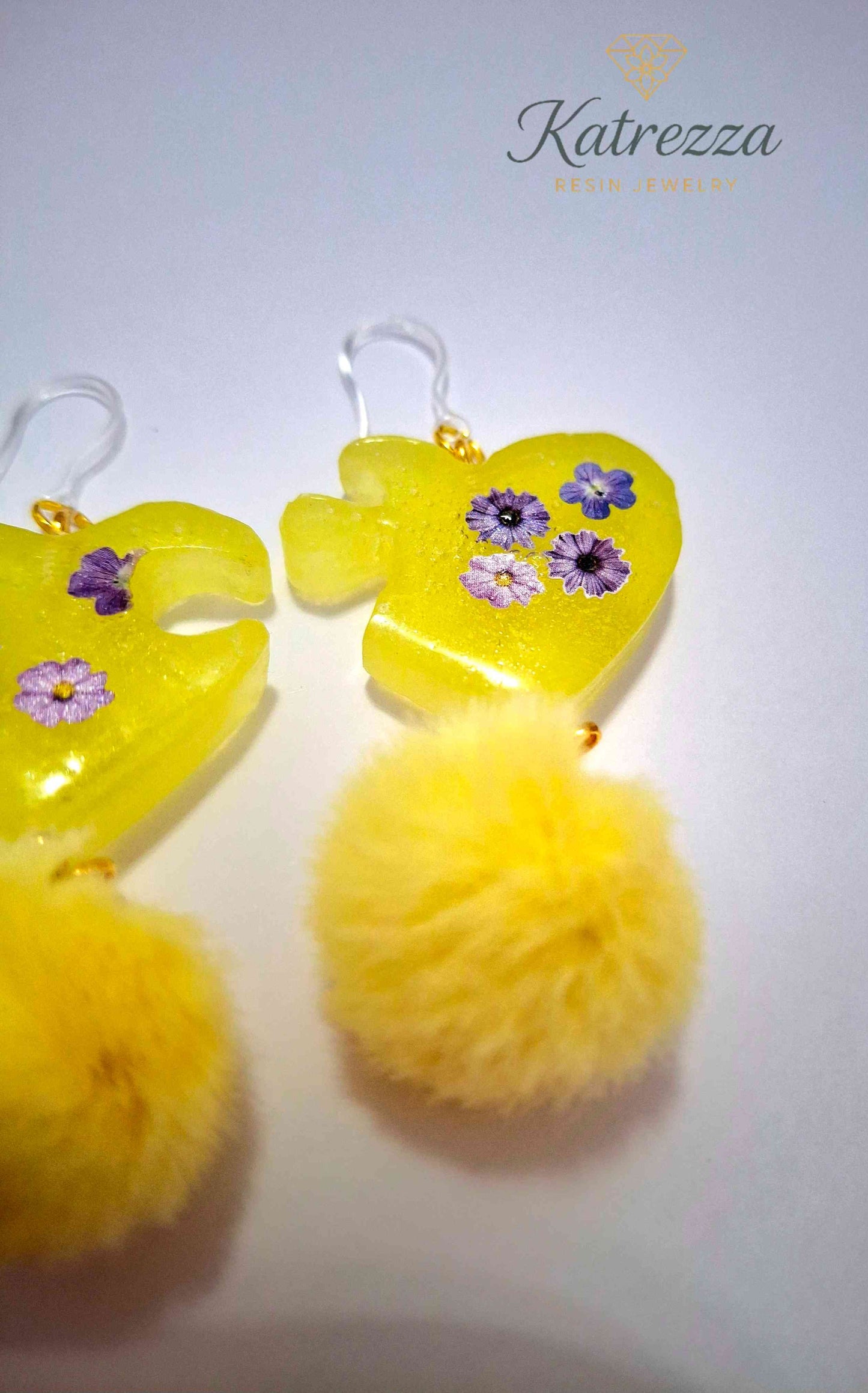 Yellow Heart Resin Earrings with Real Flowers & Fluffy Pom-Poms – Handmade by Katrezza