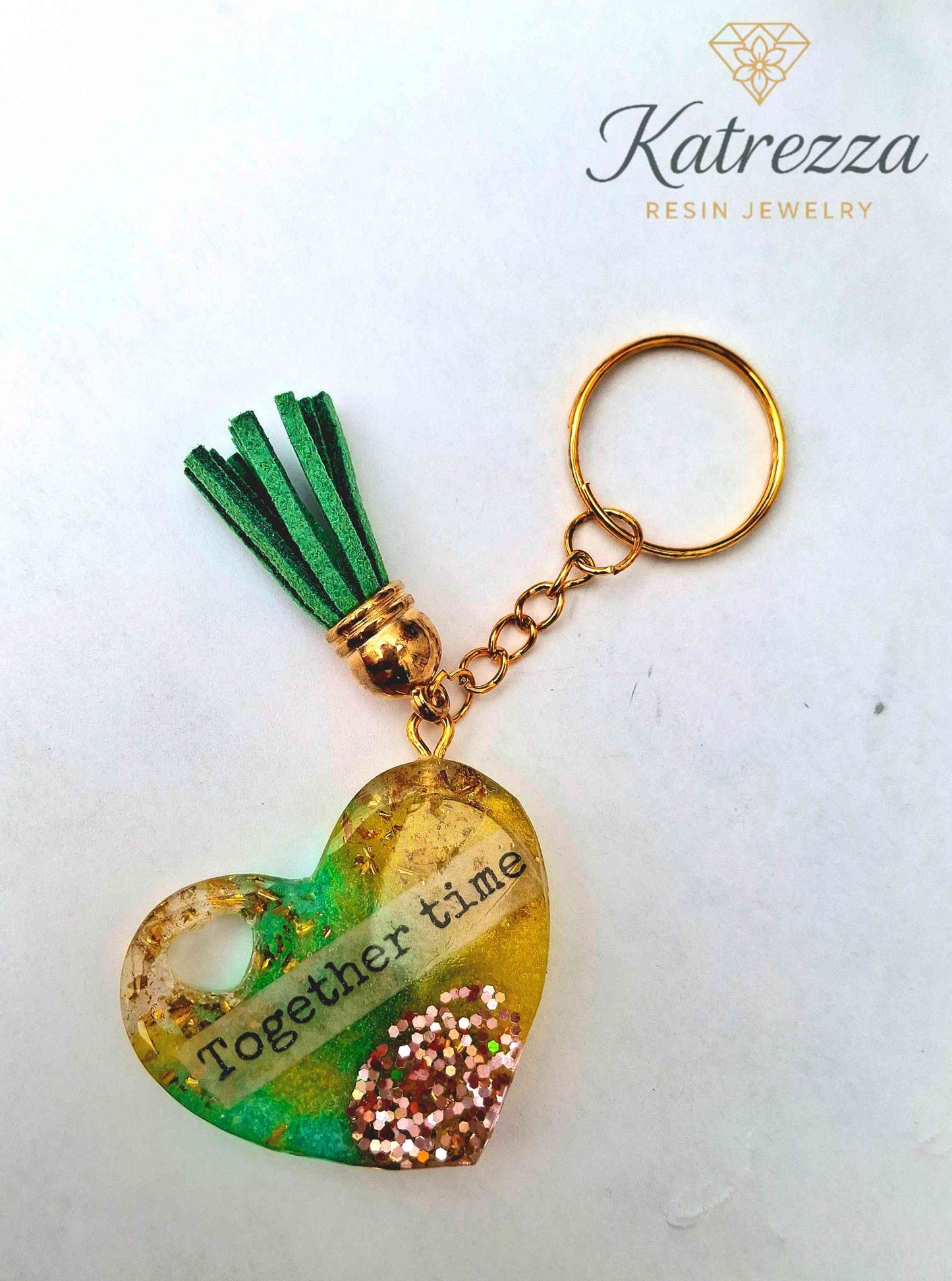 Handmade Heart Resin Keychain – "Together Time" Quote, Glitter & Gold Flakes, Tassel Charm
