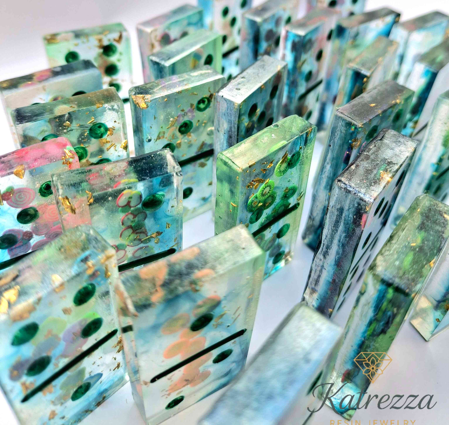 Handmade Resin Domino Set – 28 Pieces with Gold Leaf & Floral Detail