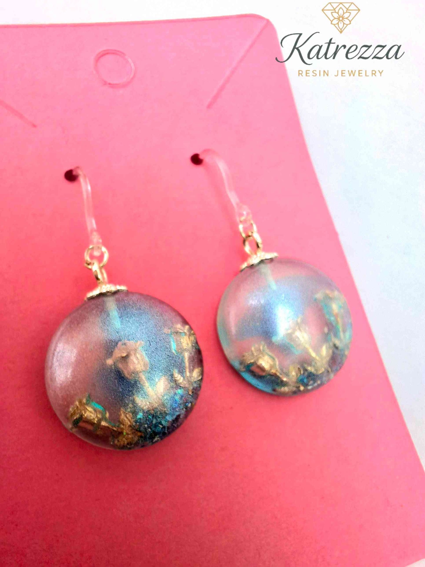 Blue Globe Resin Earrings with Silver Rose Charm – Handmade by Katrezza
