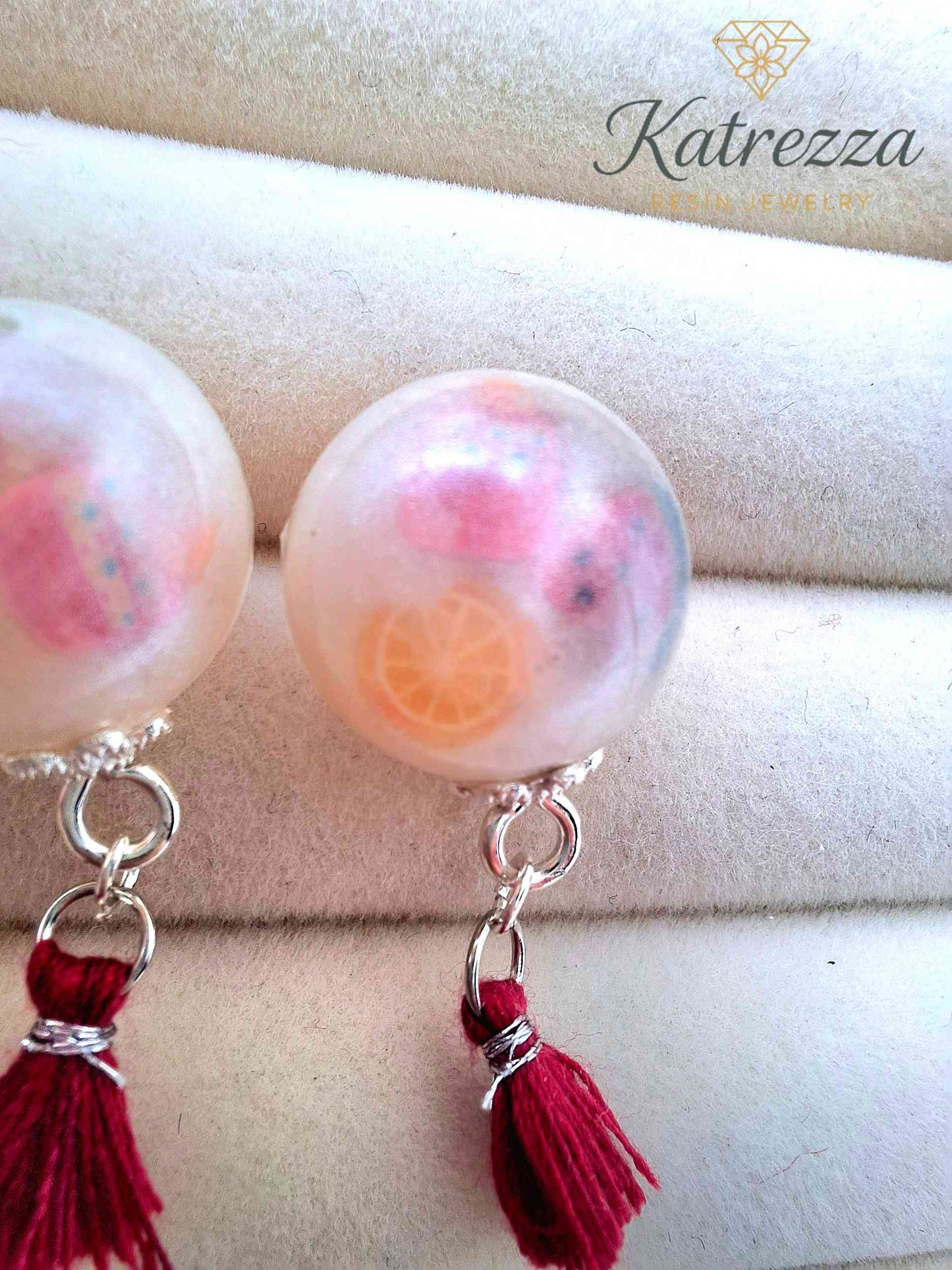 Round Pearly Resin Stud Earrings with Tassel | Floral & Fruit Variants