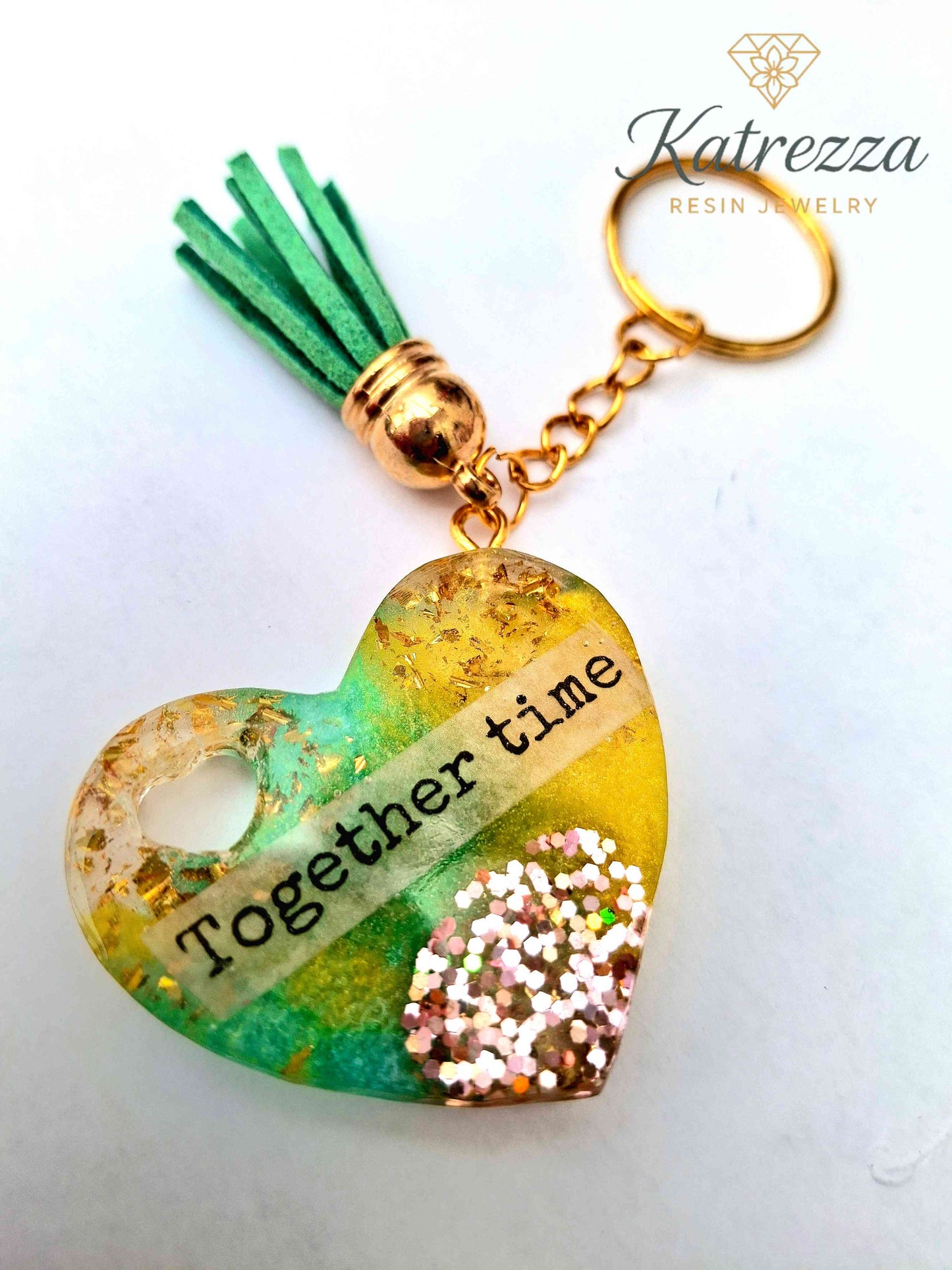 Handmade Heart Resin Keychain – "Together Time" Quote, Glitter & Gold Flakes, Tassel Charm