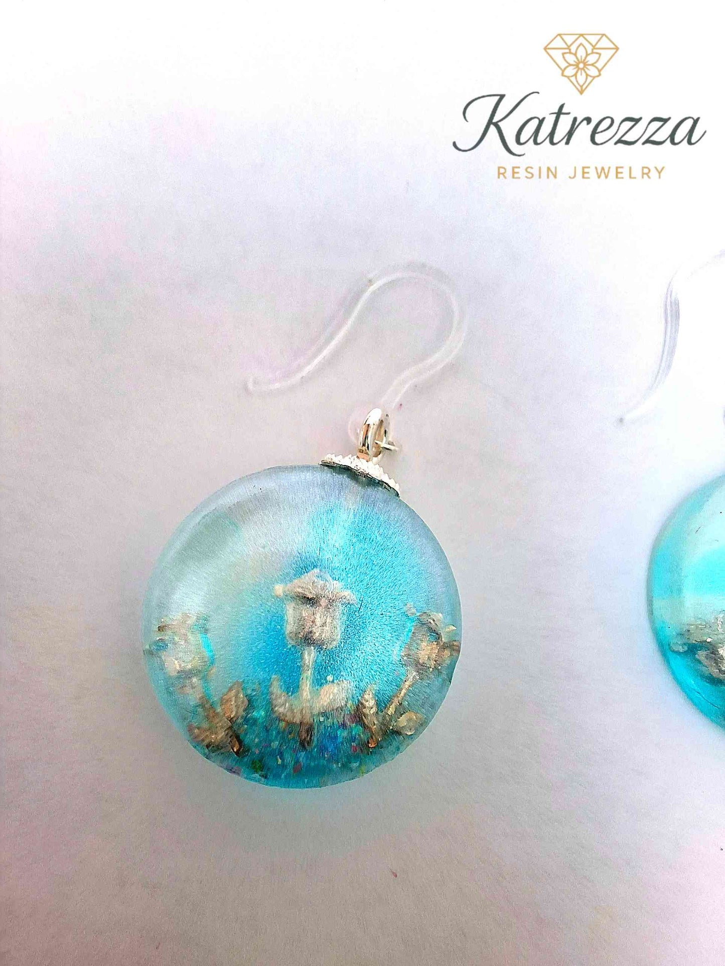 Blue Globe Resin Earrings with Silver Rose Charm – Handmade by Katrezza