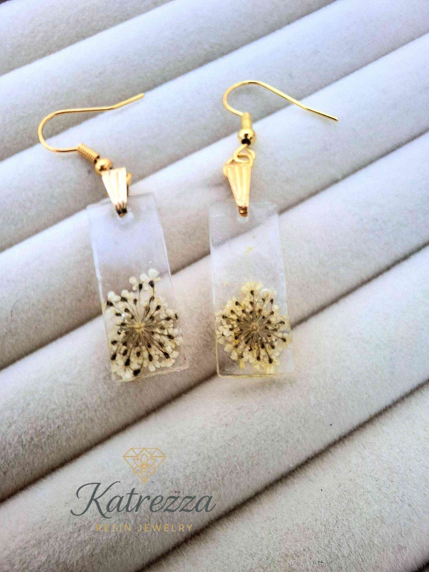 Rectangle Resin Earrings with Real Flowers