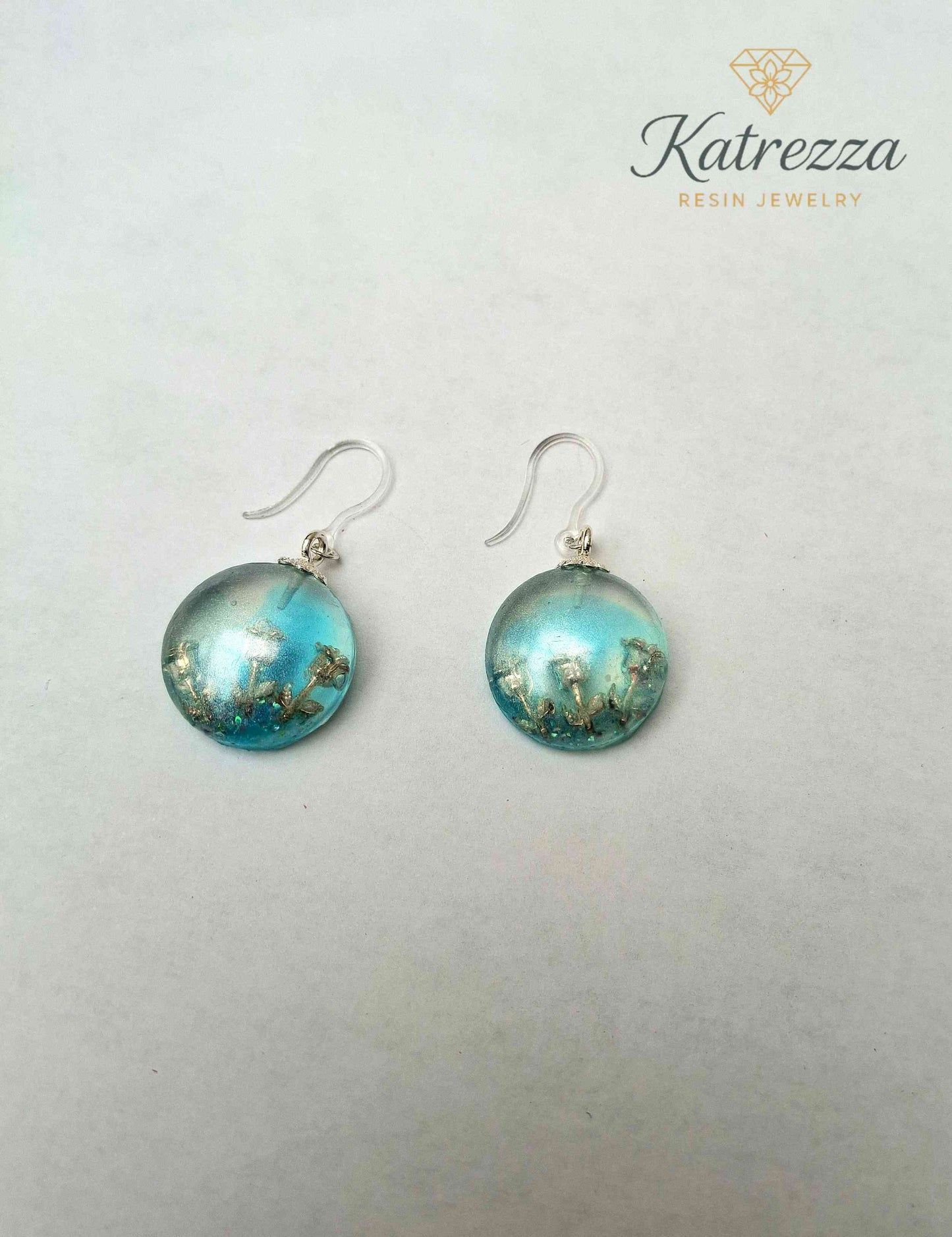 Blue Globe Resin Earrings with Silver Rose Charm – Handmade by Katrezza