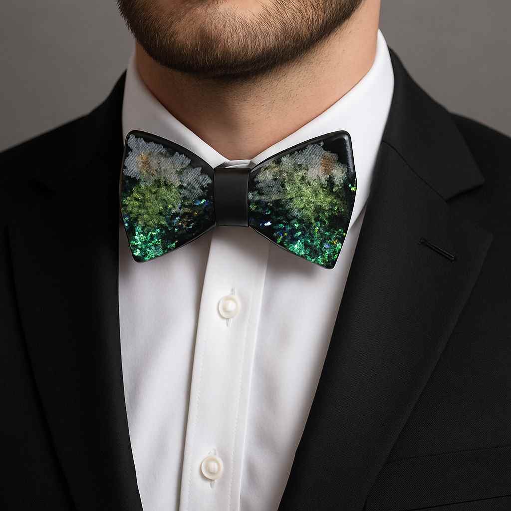 Groom wearing floral resin bow tie