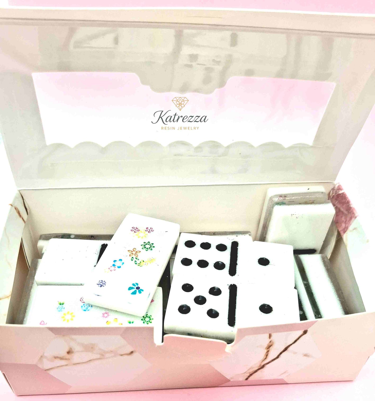 Resin dominoes with pastel flowers and hearts design