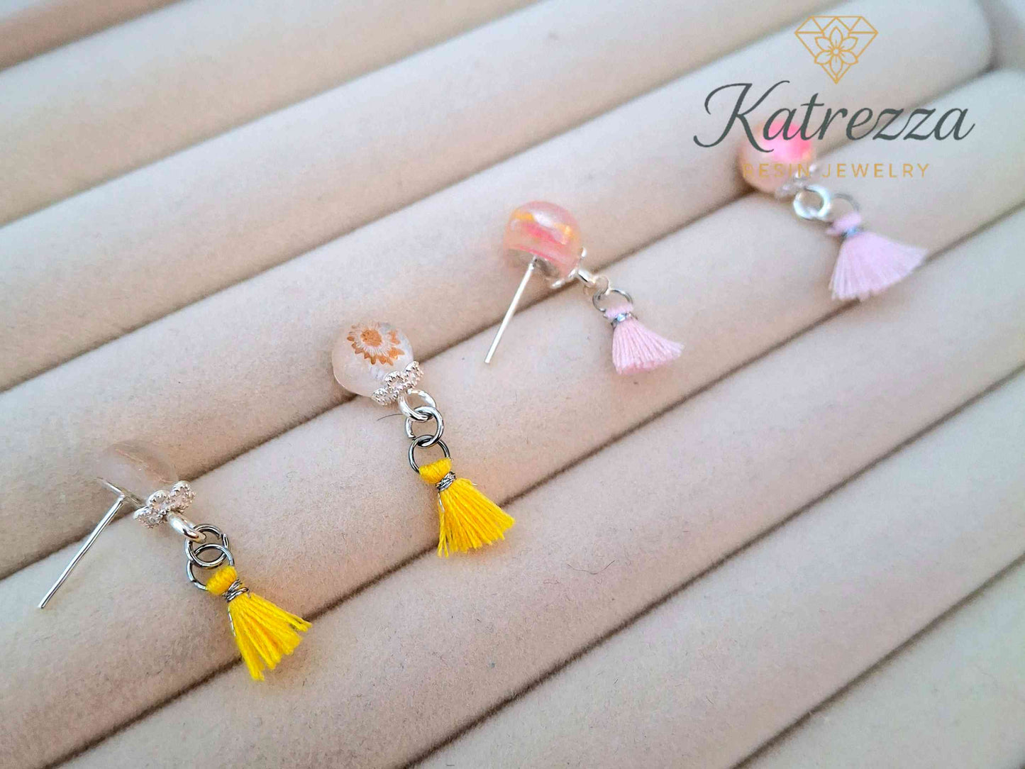 Mini Resin Stud Earrings with Tassel | 2 Styles Handmade Jewelry