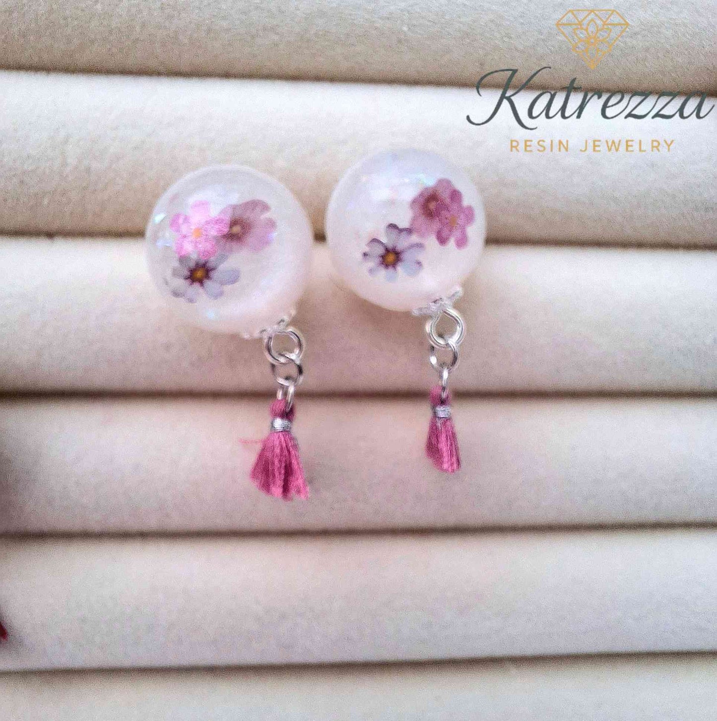 Round Pearly Resin Stud Earrings with Tassel | Floral & Fruit Variants