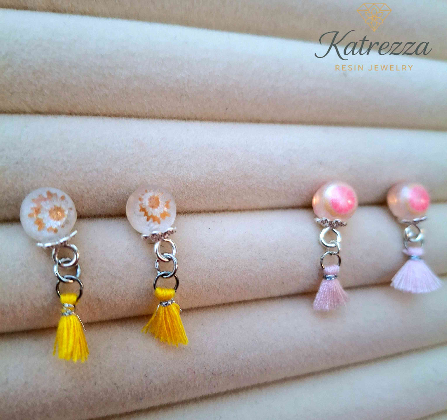 Mini Resin Stud Earrings with Tassel | 2 Styles Handmade Jewelry