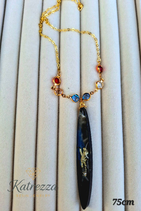 Bear Hugs & Blue Skies – Golden Teddy Resin Necklace