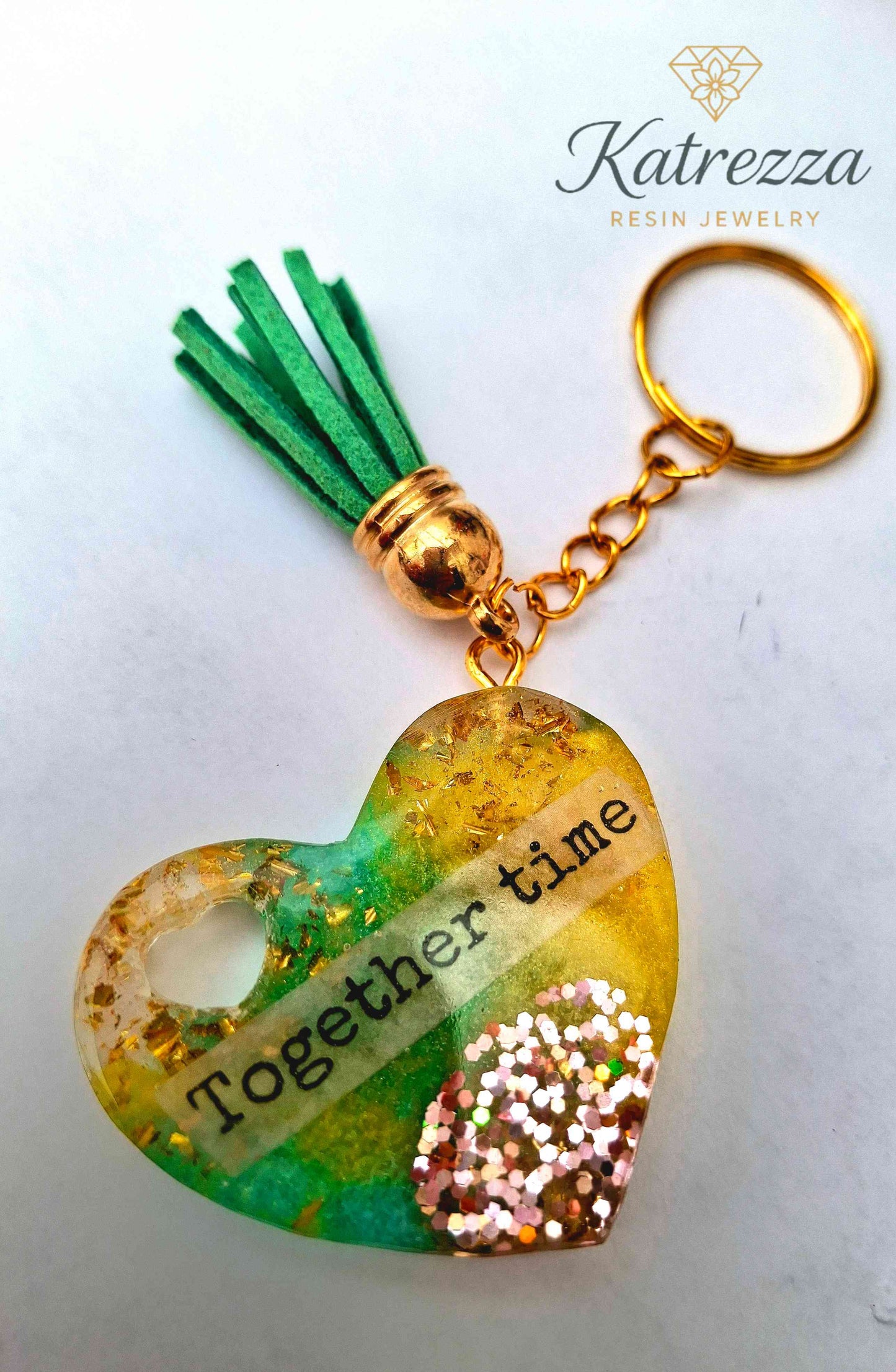 Handmade Heart Resin Keychain – "Together Time" Quote, Glitter & Gold Flakes, Tassel Charm