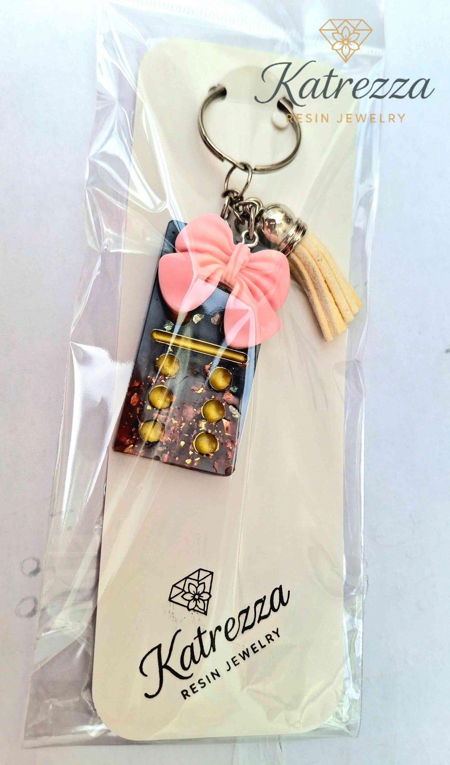 Handmade Resin Domino Keychain – Glitter & Gold Flakes with Tassel and Bow Charm