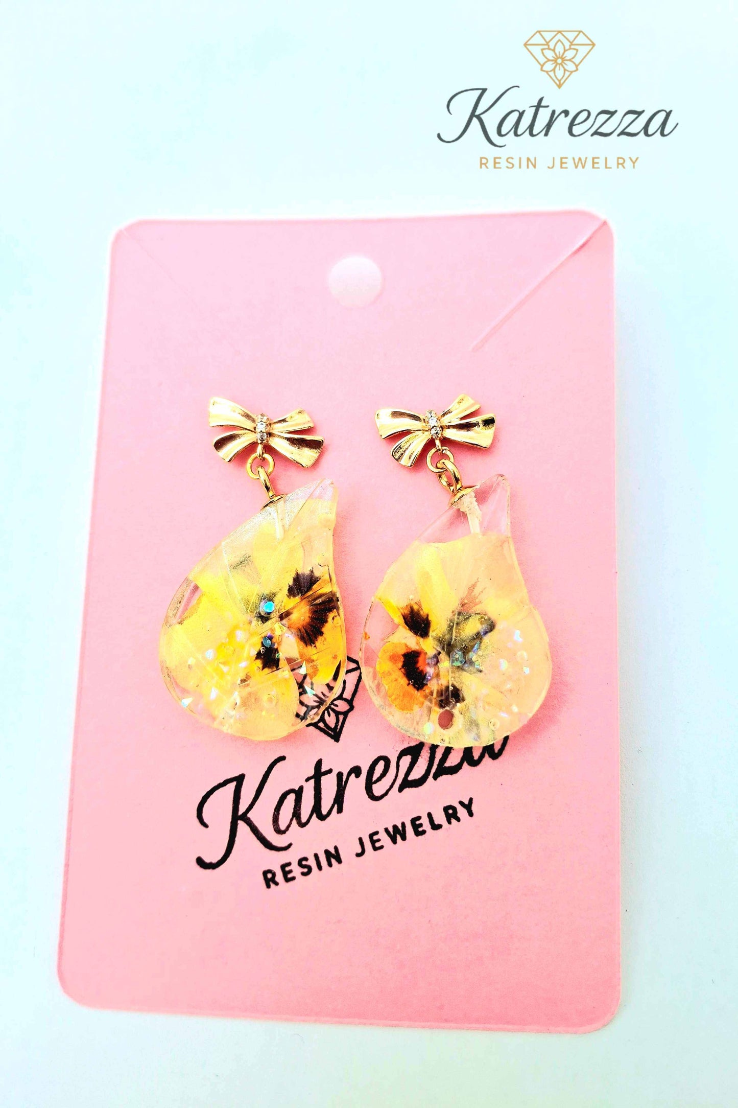 Handmade Yellow Floral Resin Earrings with Gold Bow Studs – Katrezza