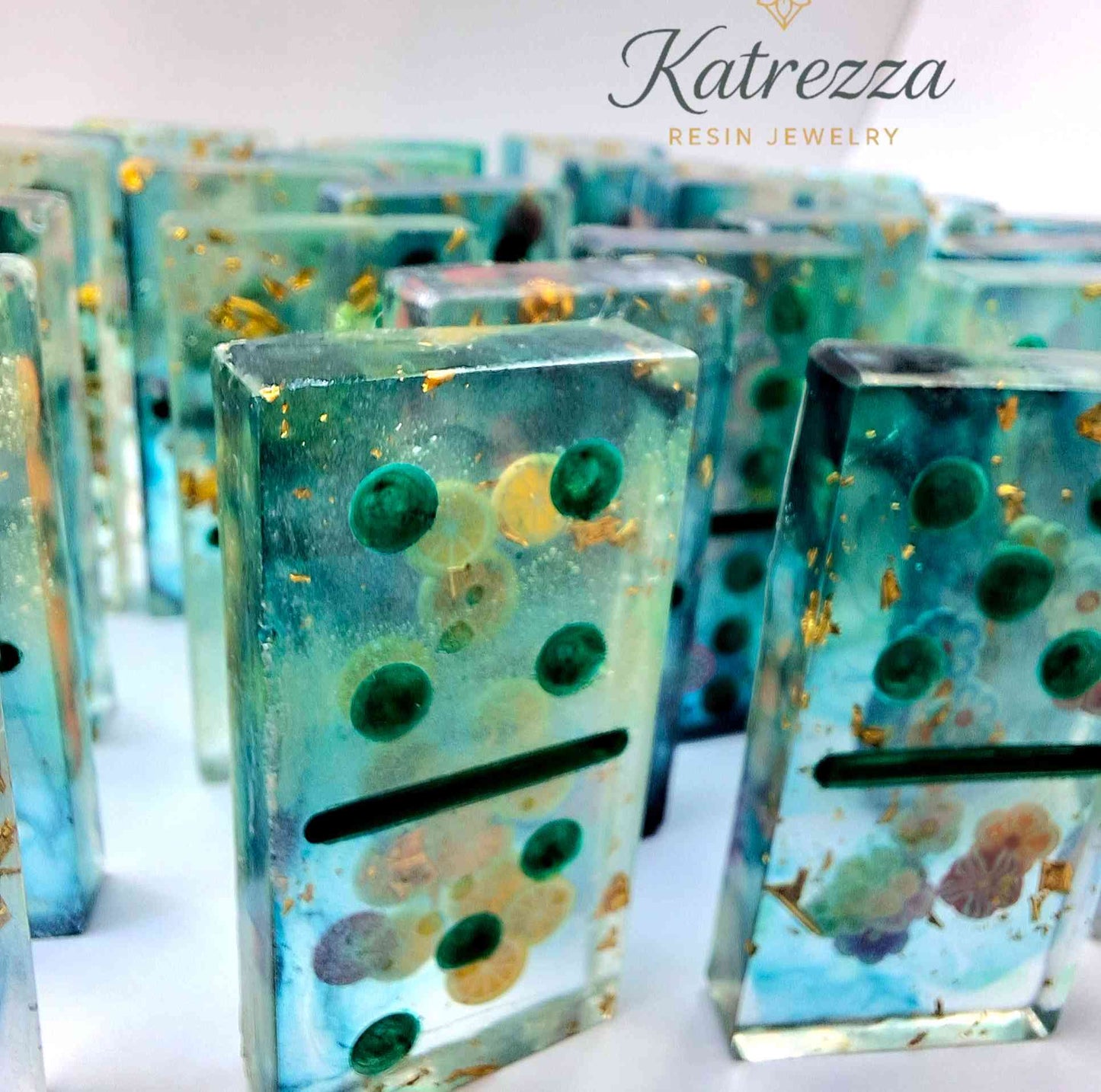 Handmade Resin Domino Set – 28 Pieces with Gold Leaf & Floral Detail